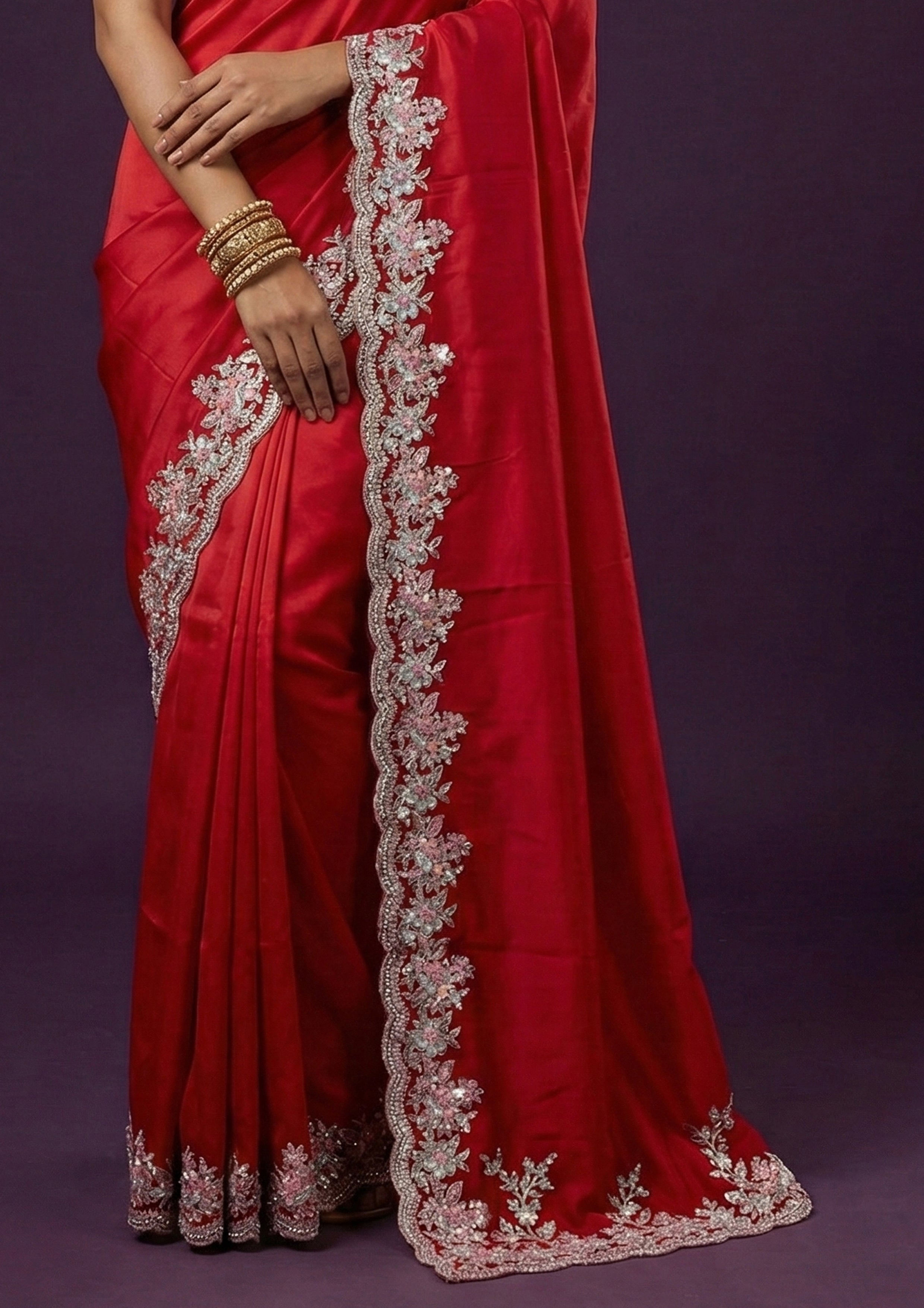 Chilli Red Embellished Soft Satin Tissue Silk Saree