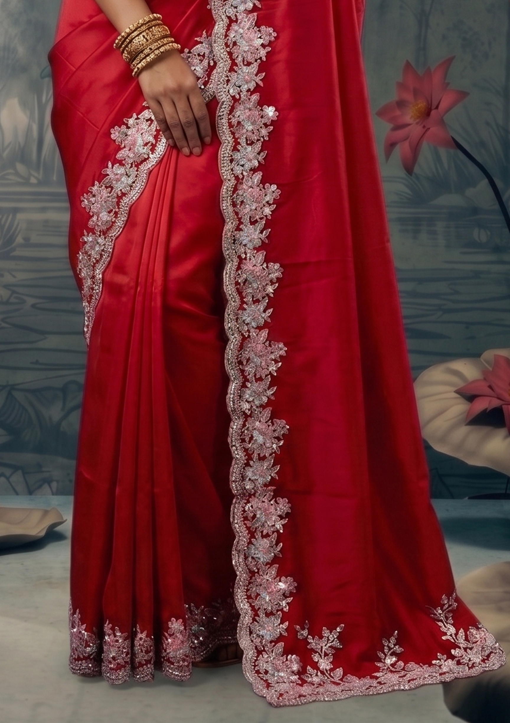 Scarlet Red Embellished Satin Silk Saree