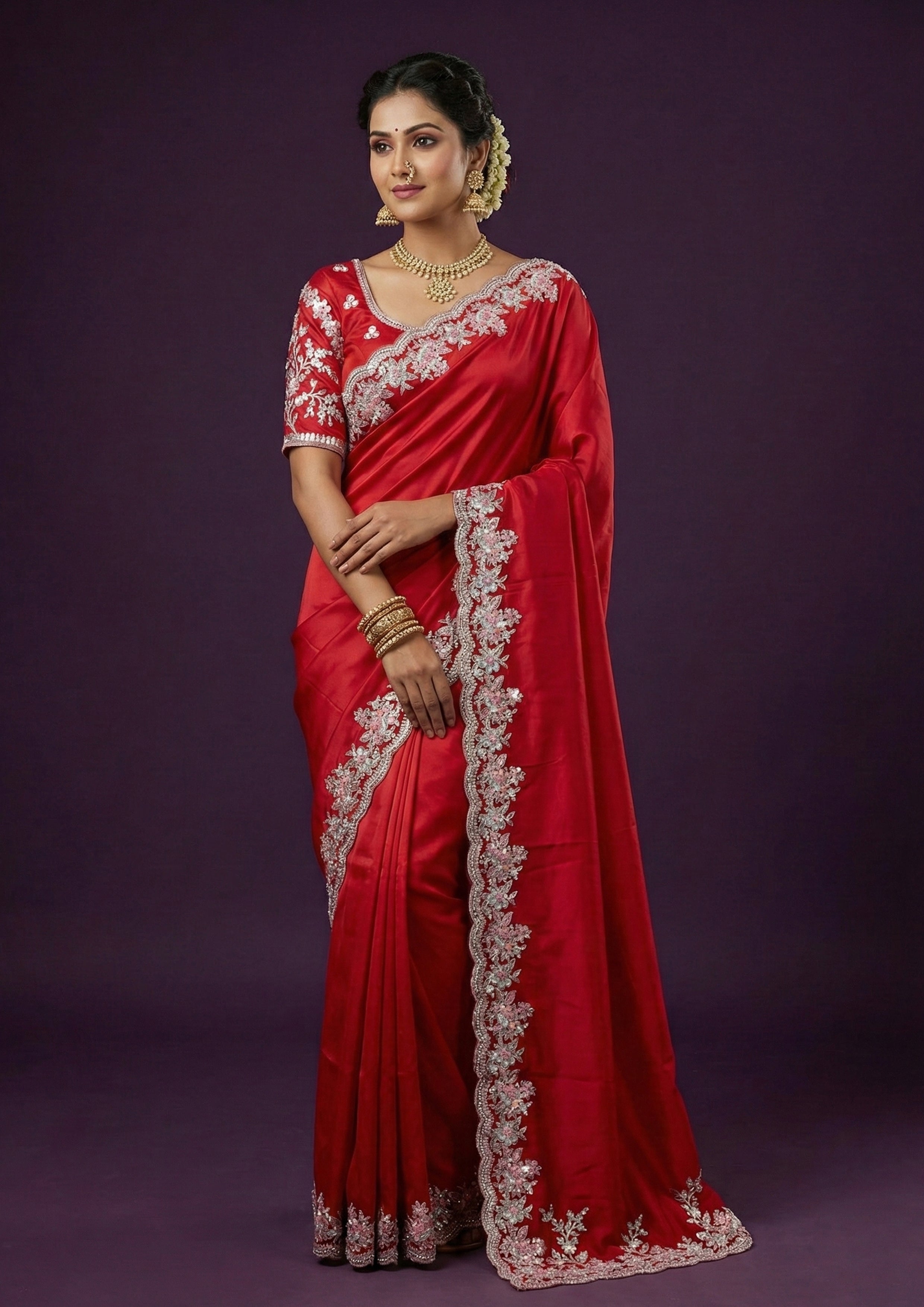 Chilli Red Embellished Soft Satin Tissue Silk Saree
