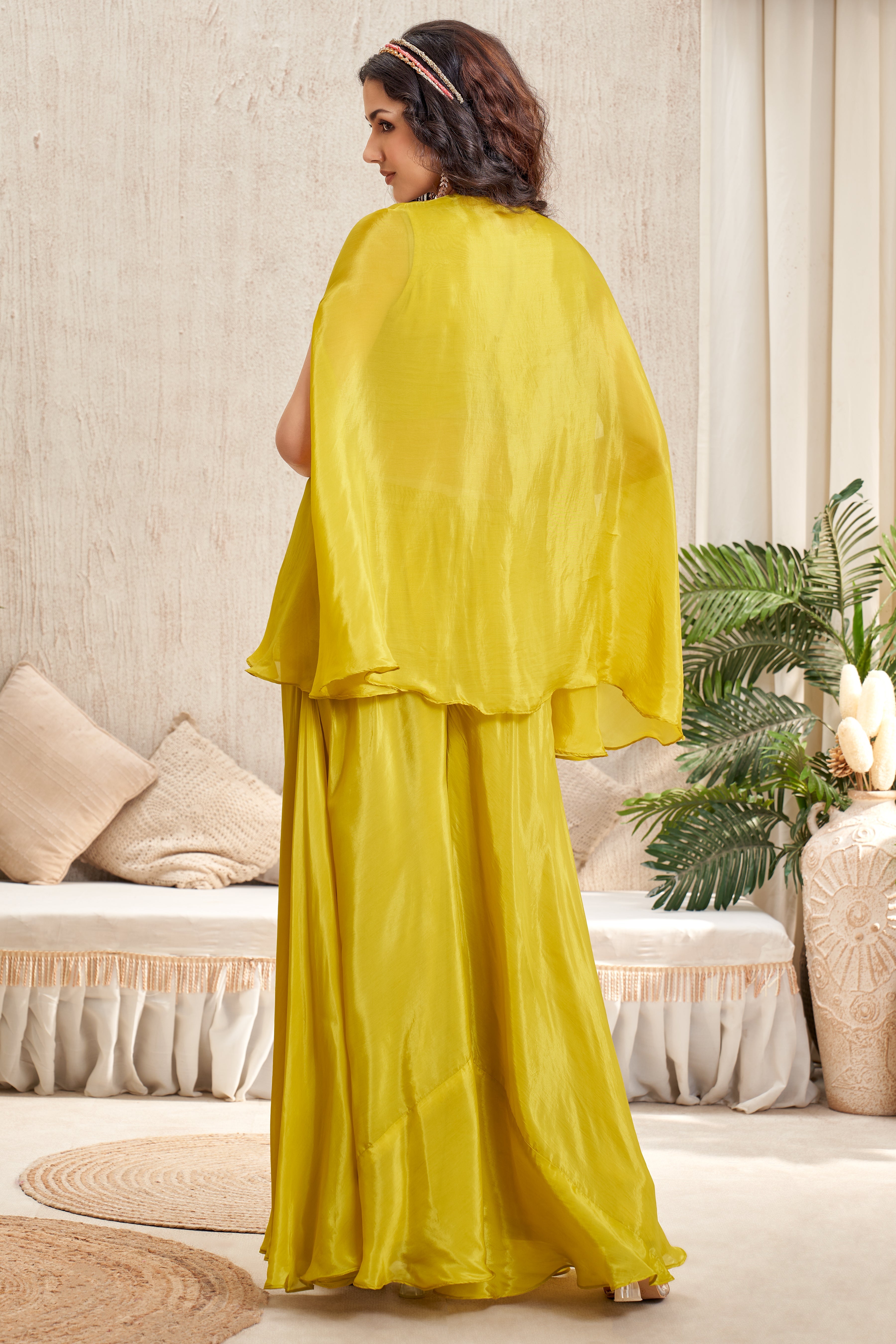 Bright Yellow Embellished Crepe Silk Cape Set