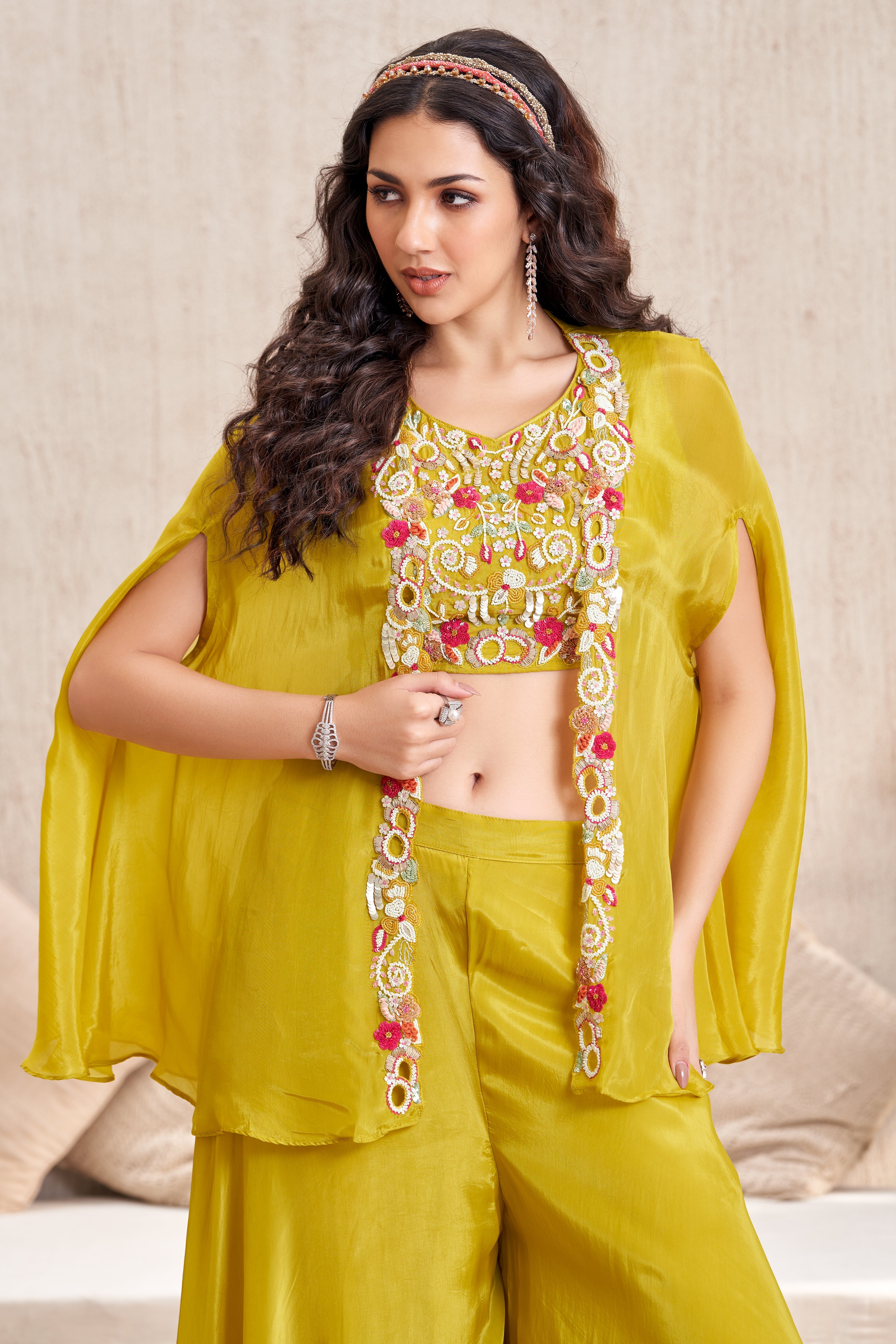 Bright Yellow Embellished Crepe Silk Cape Set