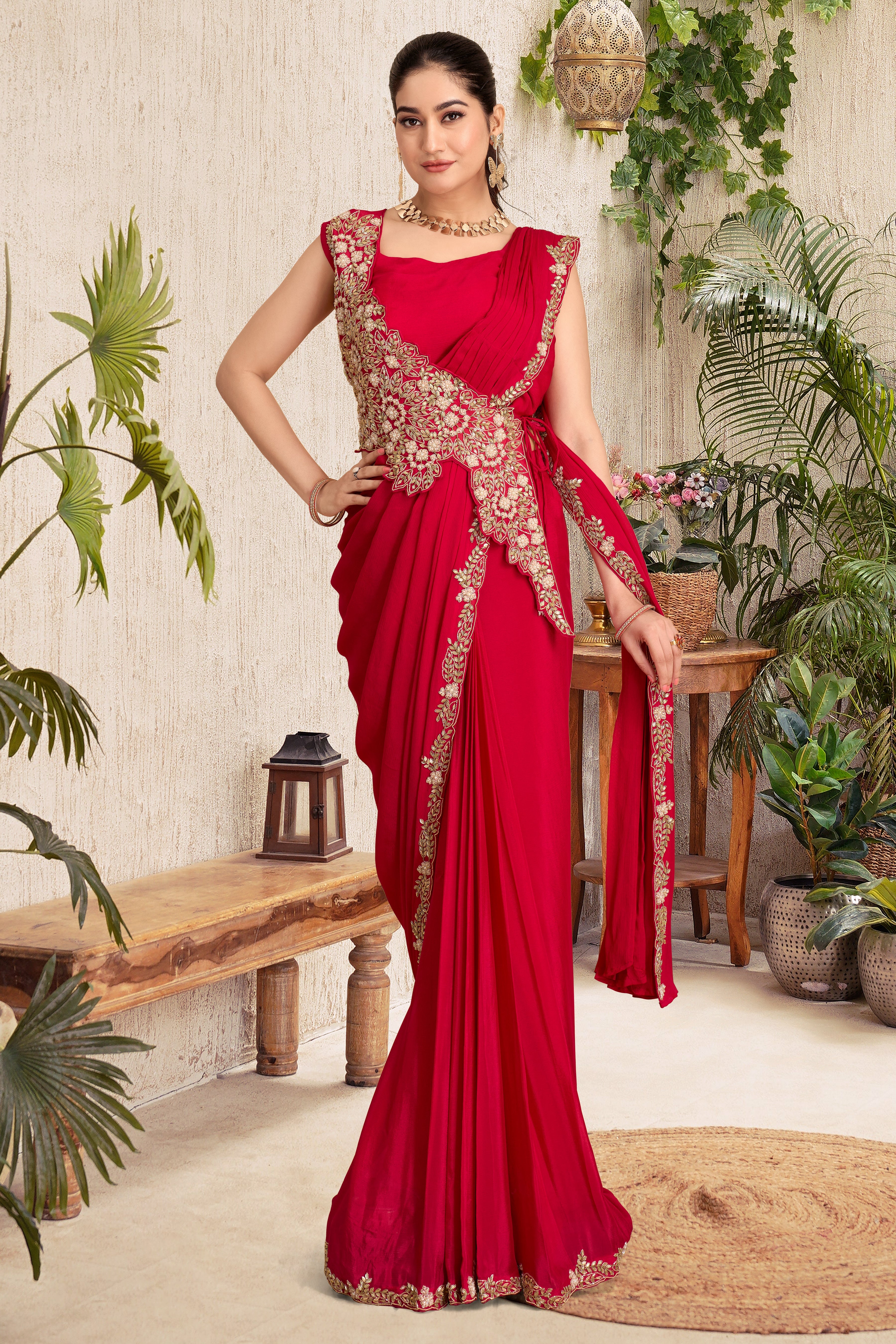 Scarlet Red Embellished Chinon Silk Drape Saree