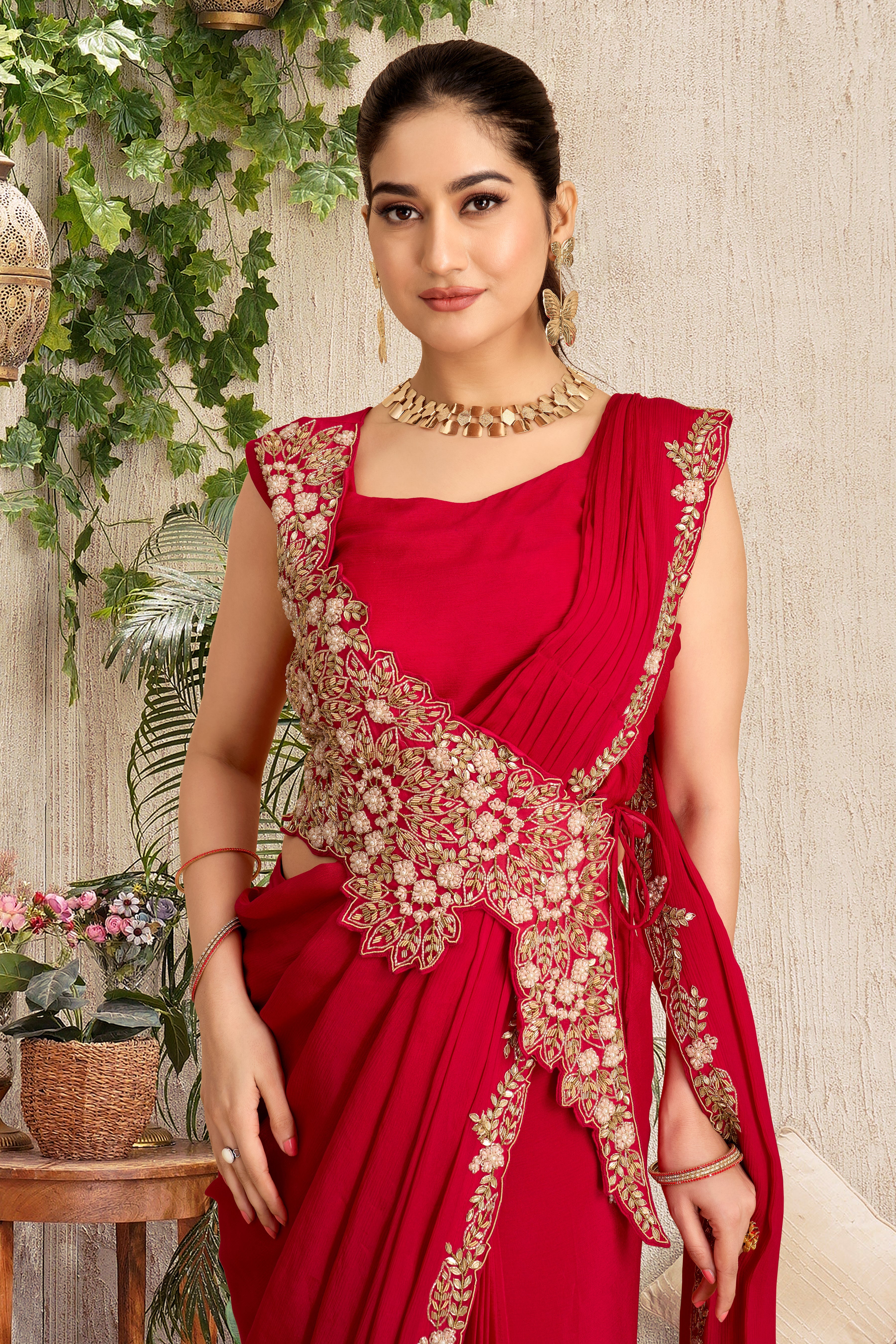 Scarlet Red Embellished Chinon Silk Drape Saree