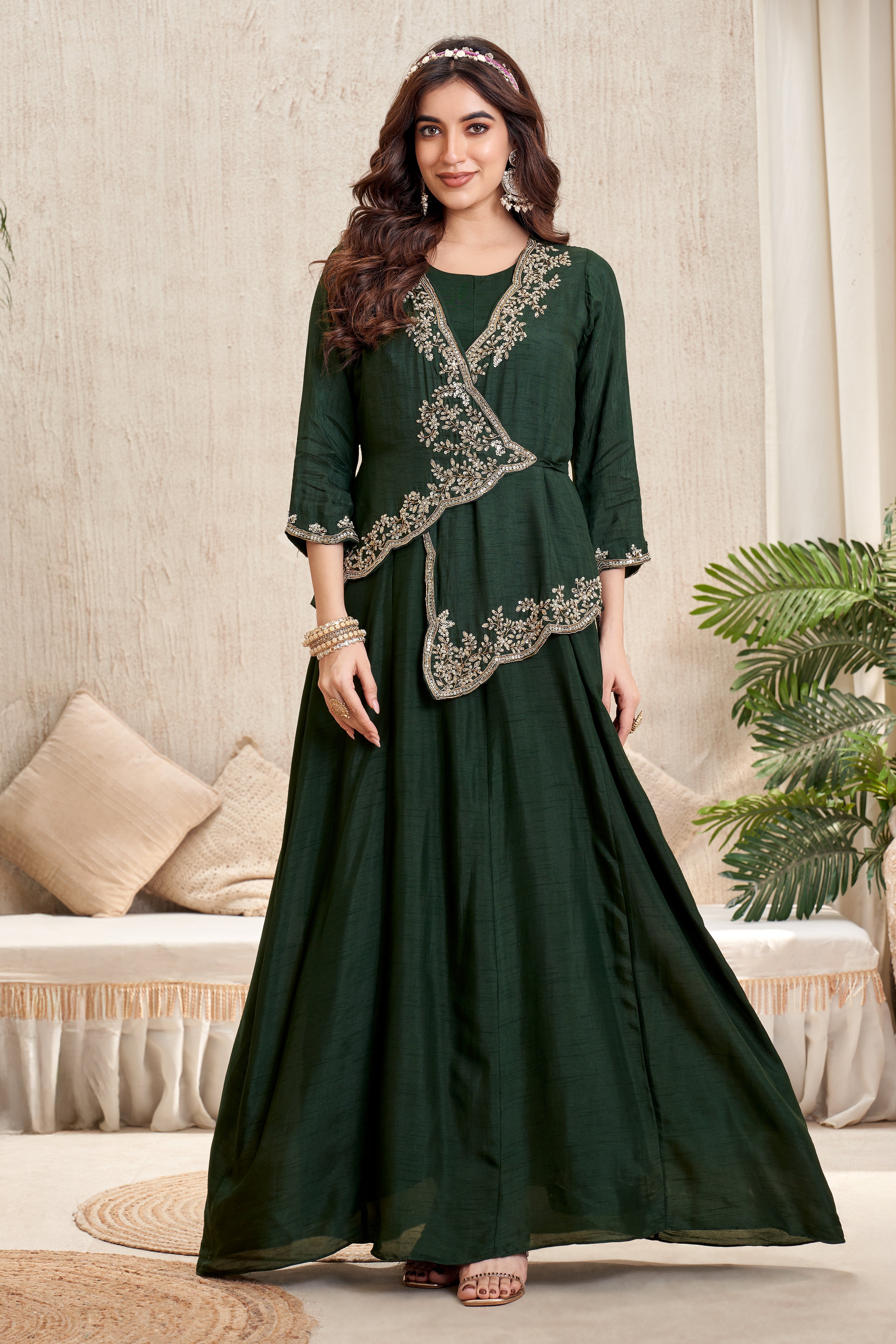 Forest Green Embellished Raw Silk Gown