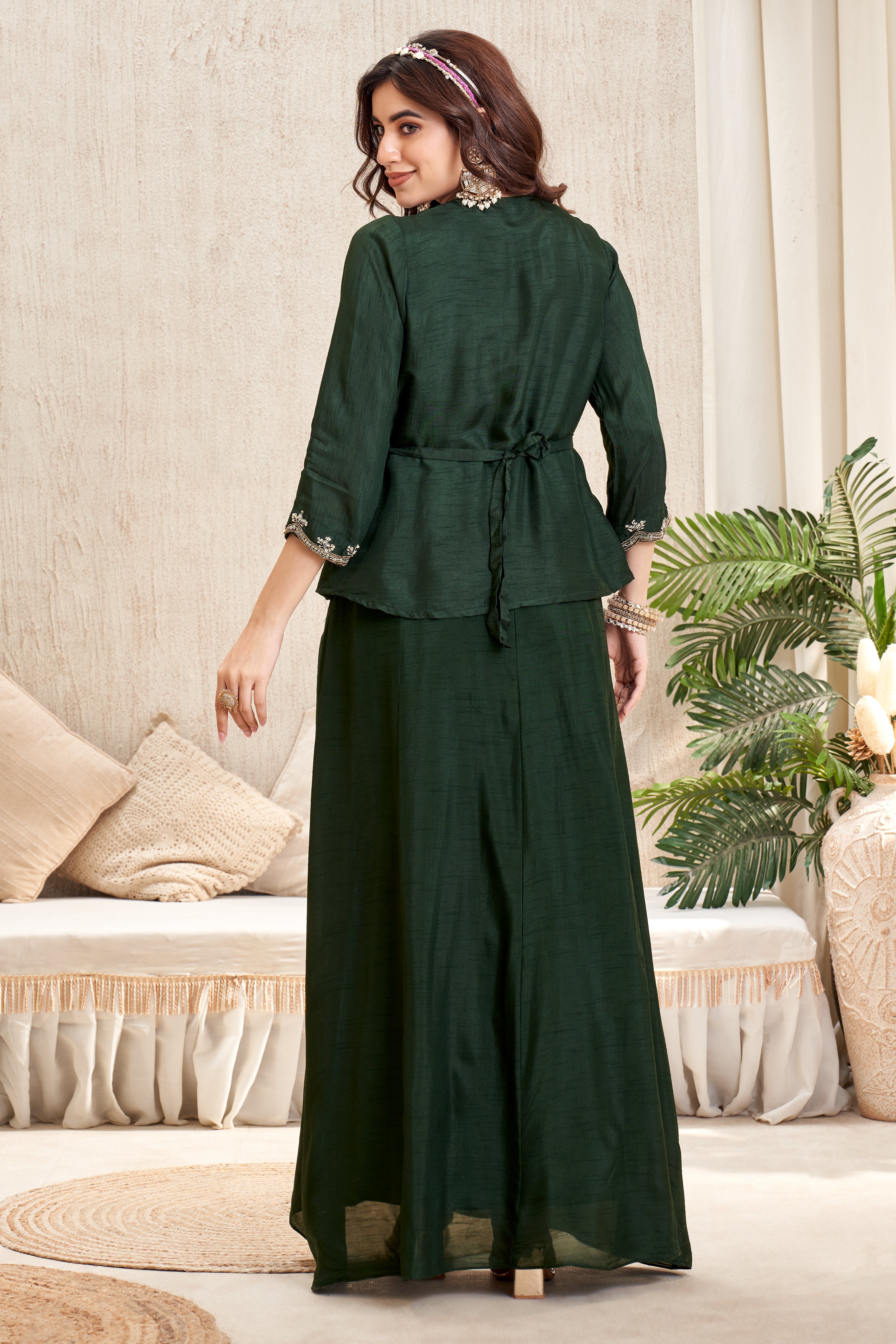 Forest Green Embellished Raw Silk Gown