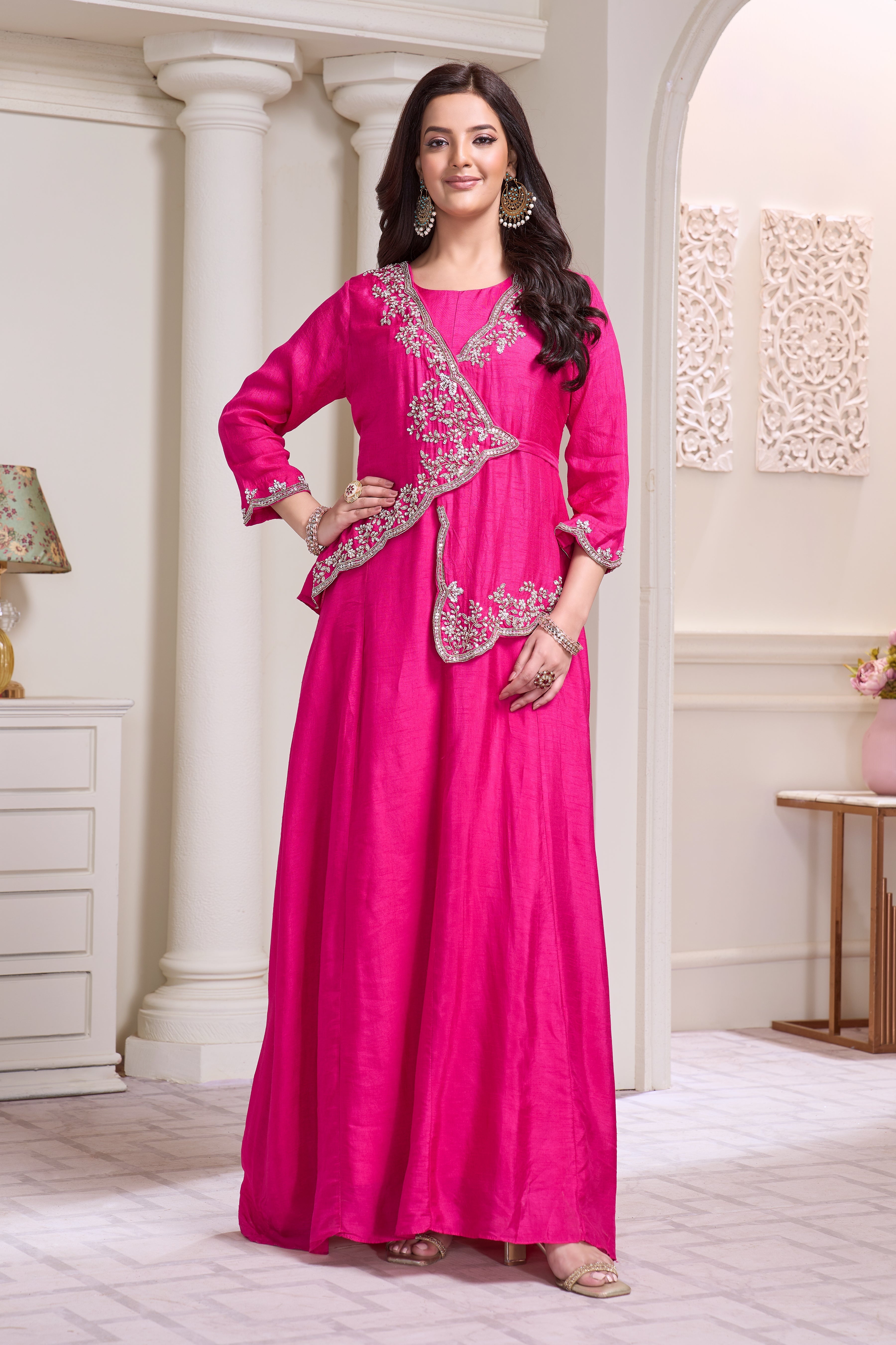 Hot Pink Embellished Raw Silk Gown