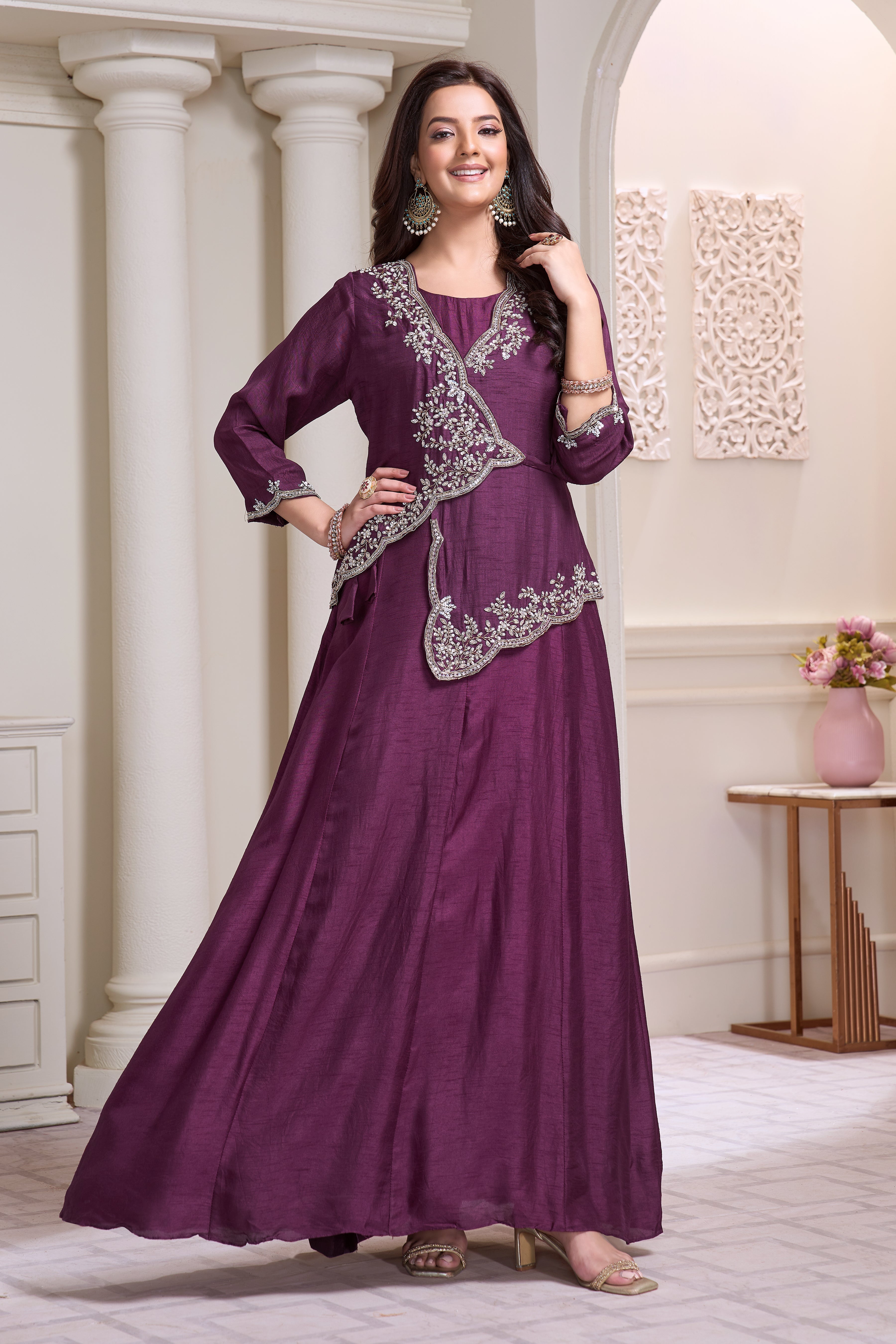 Majestic Plum Embellished Raw Silk Gown