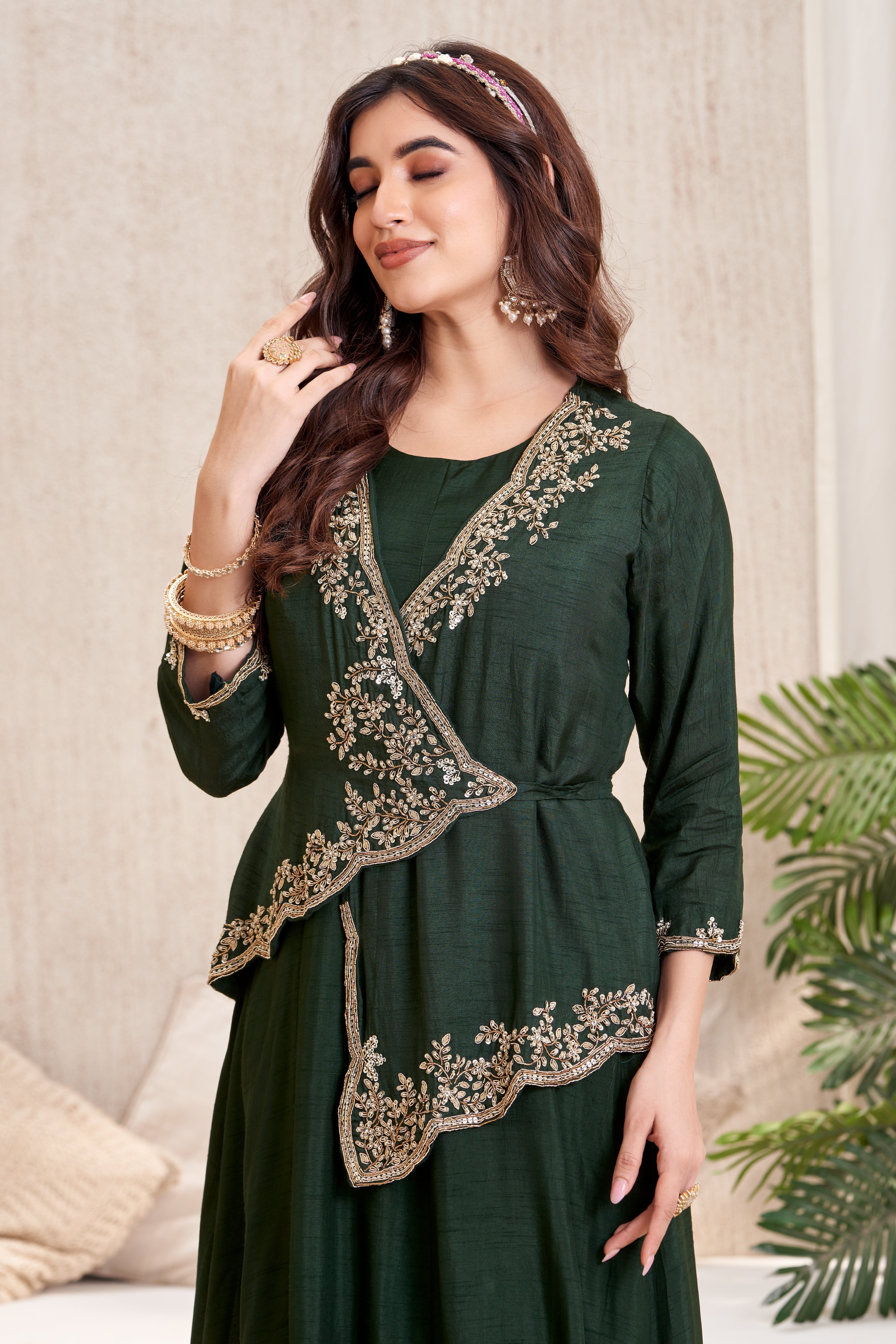 Forest Green Embellished Raw Silk Gown