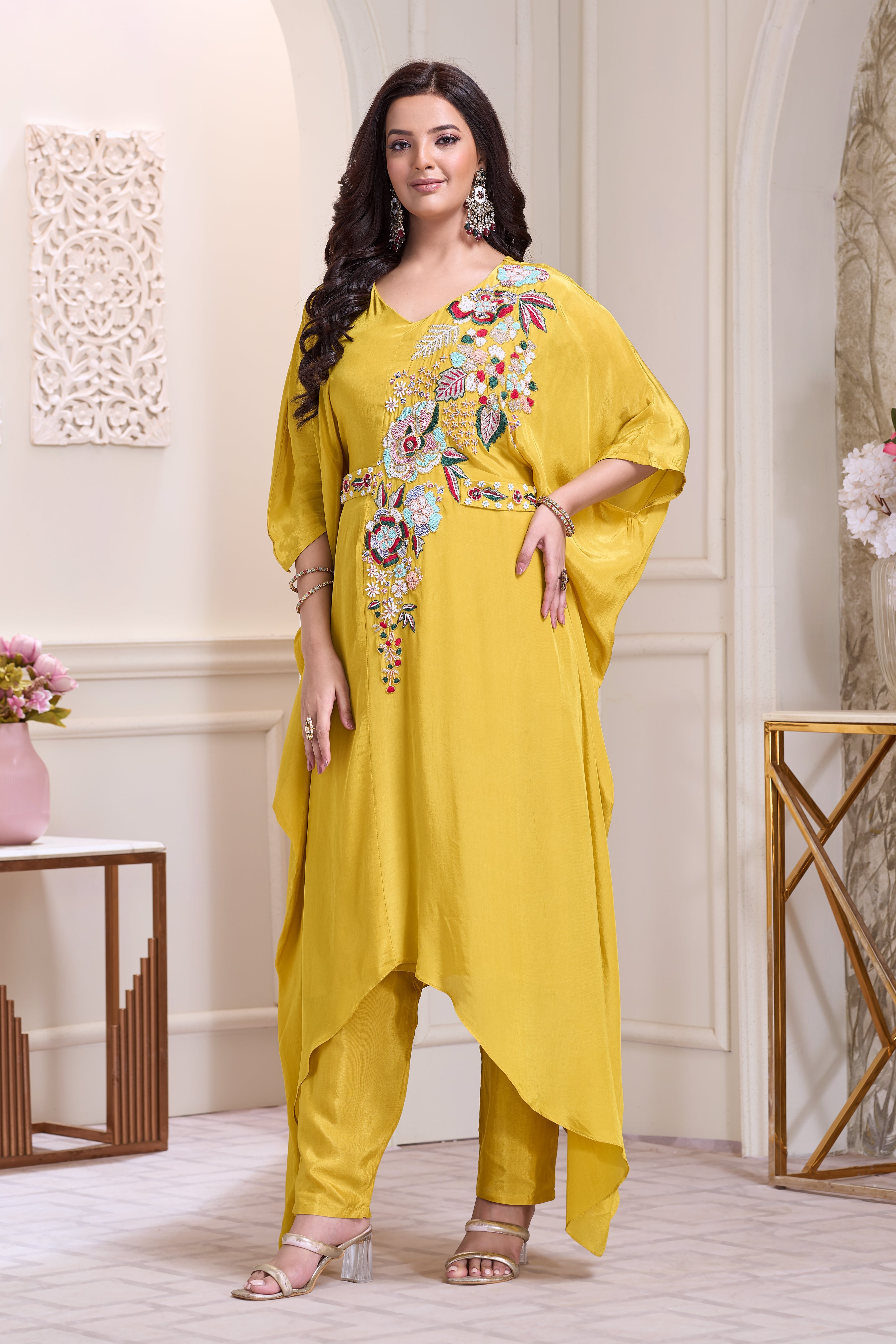 Golden Yellow Embellished Chinon Silk Kaftan Set