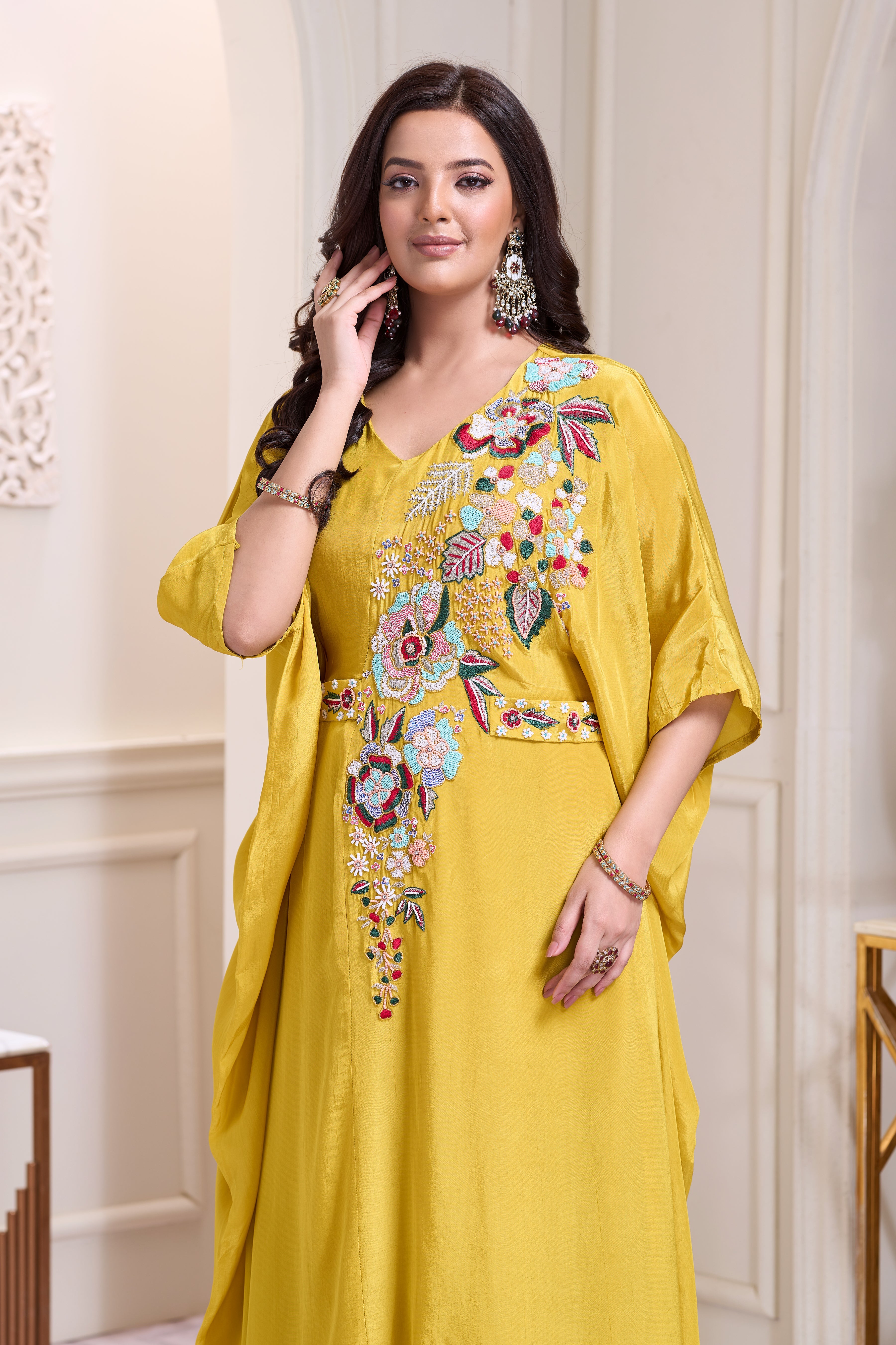 Golden Yellow Embellished Chinon Silk Kaftan Set