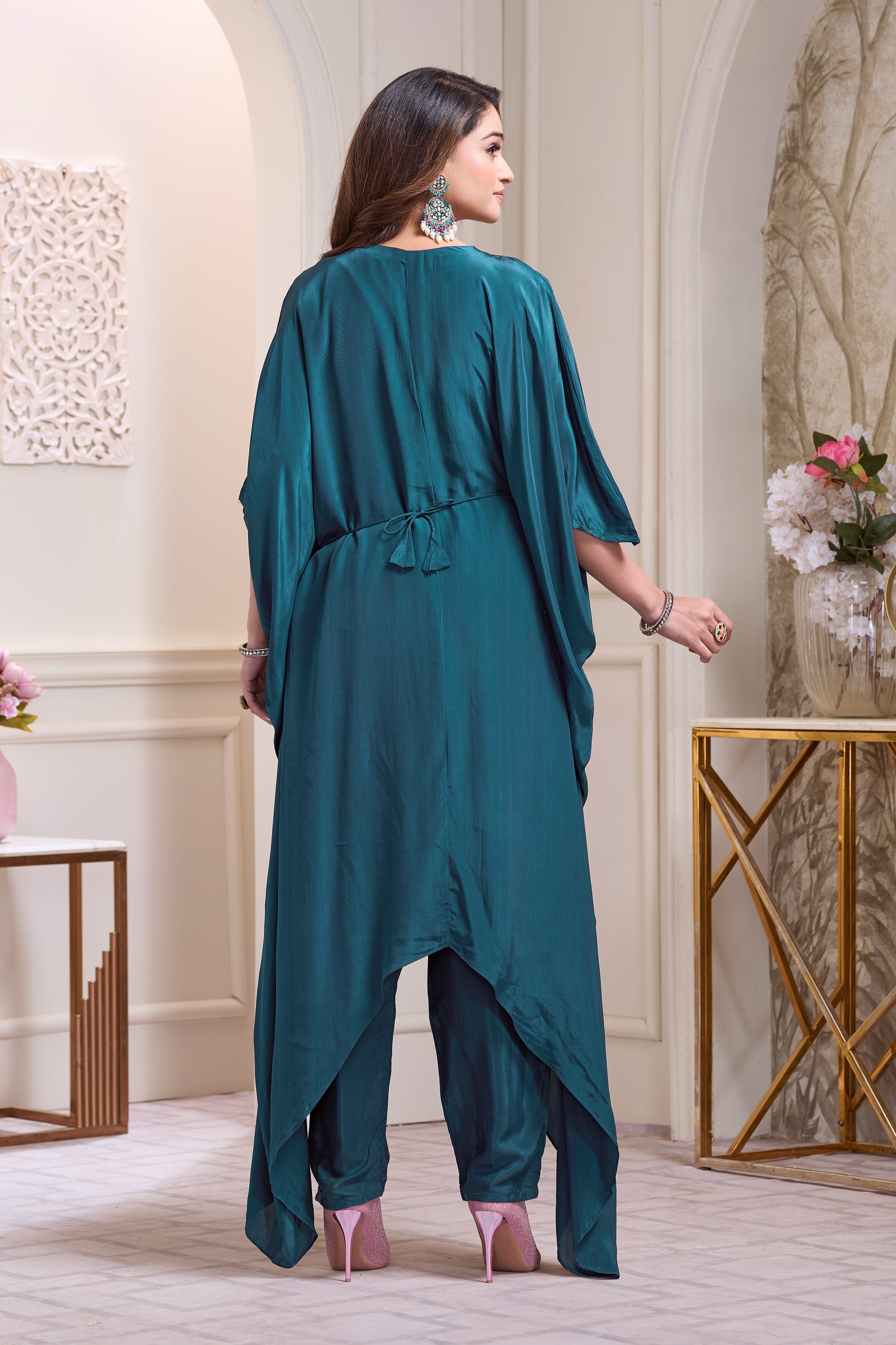 Aqua Teal Embellished Chinon Silk Kaftan Set
