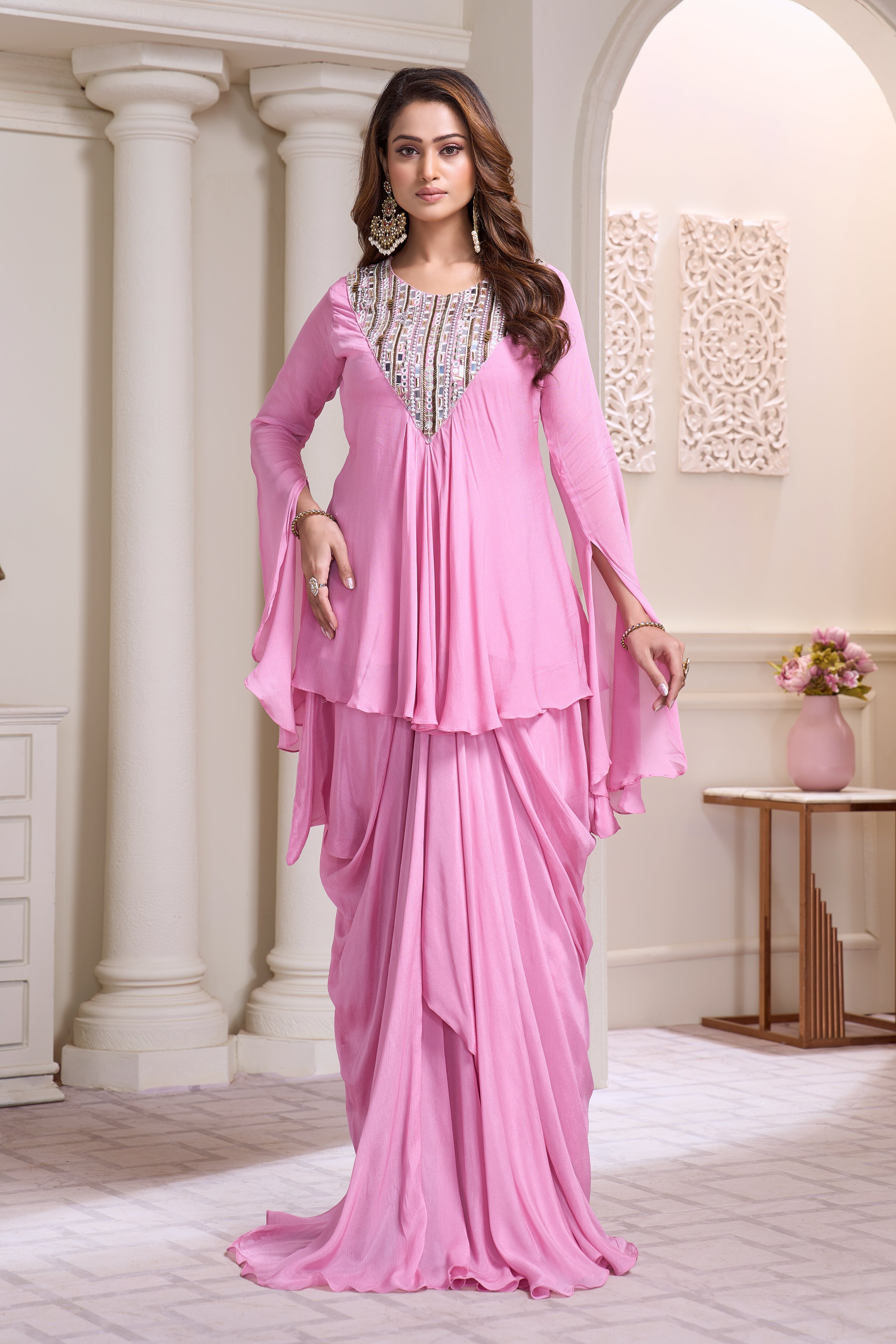 Pastel Pink Embellished Chinon Silk Drape Skirt Set