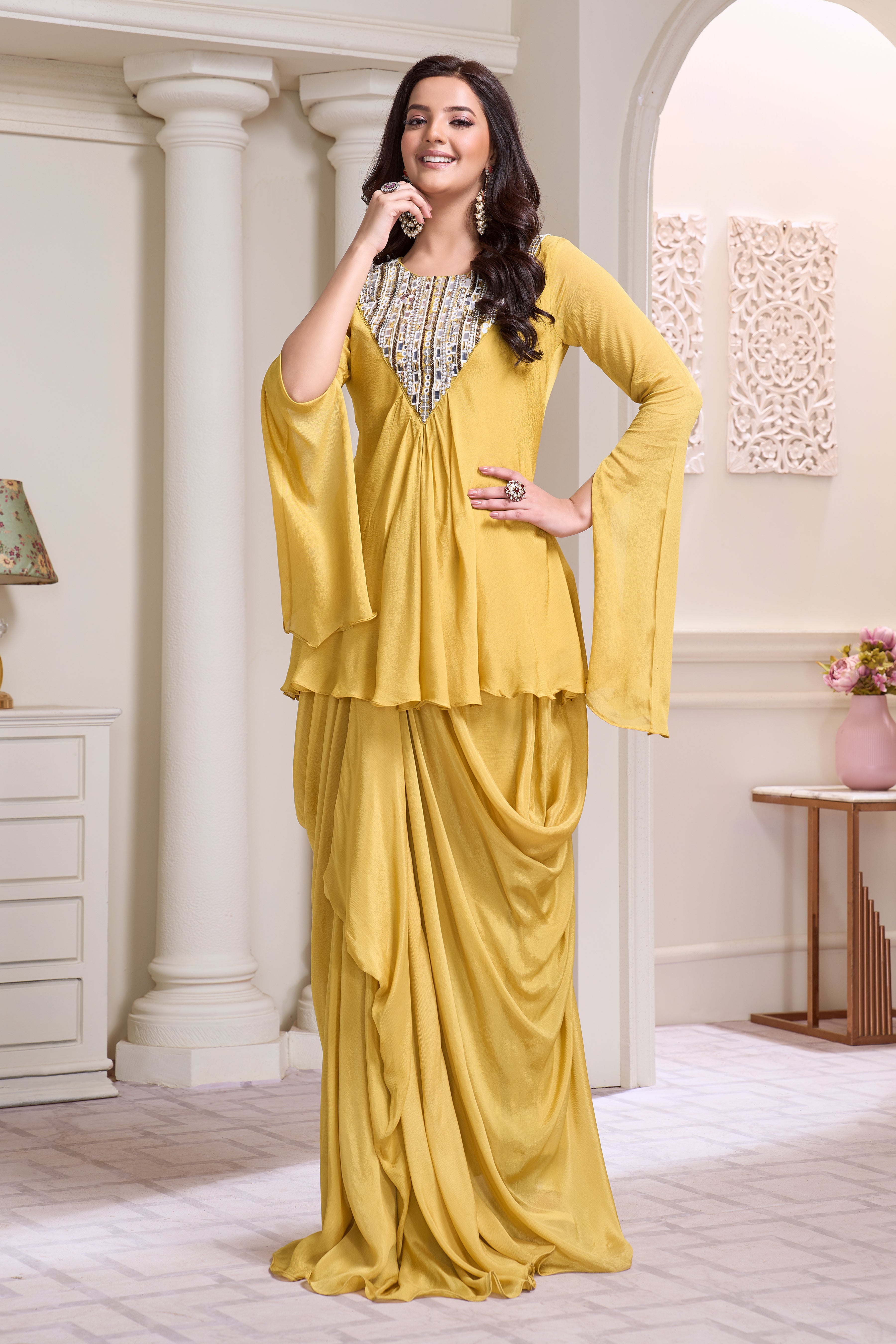 Pastel Yellow Embellished Chinon Silk Drape Skirt Set