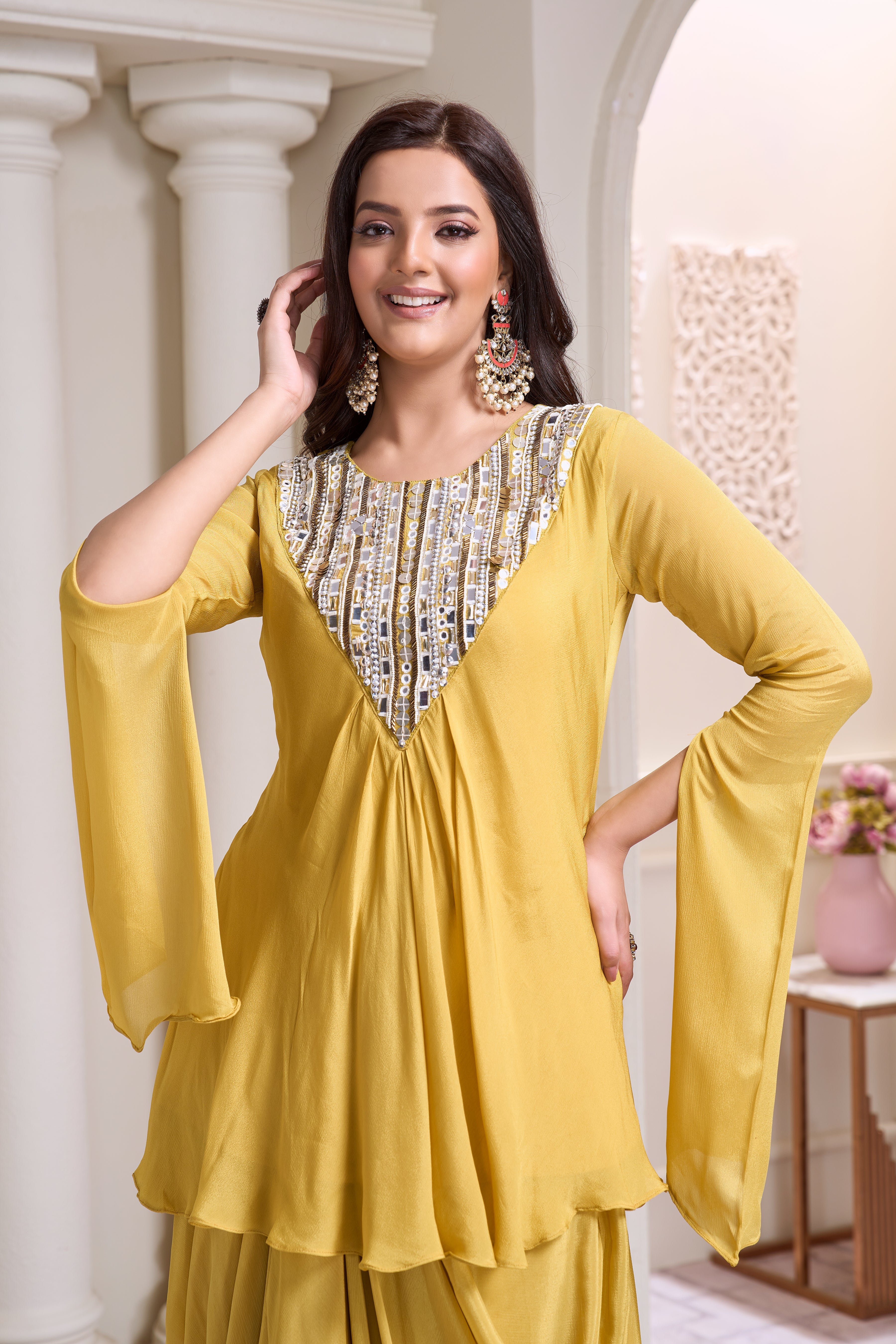 Pastel Yellow Embellished Chinon Silk Drape Skirt Set