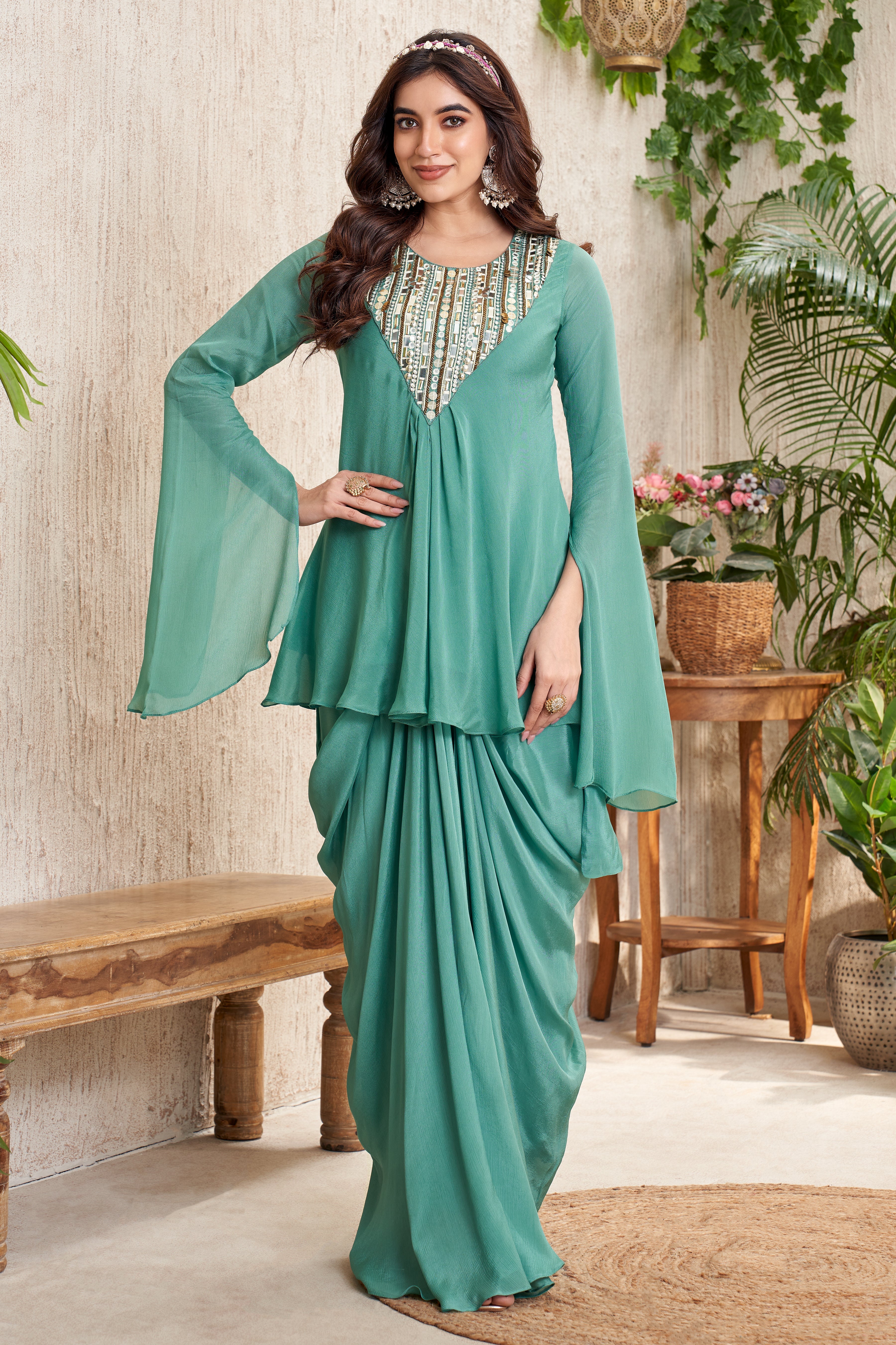 Pastel Green Embellished Chinon Silk Drape Skirt Set