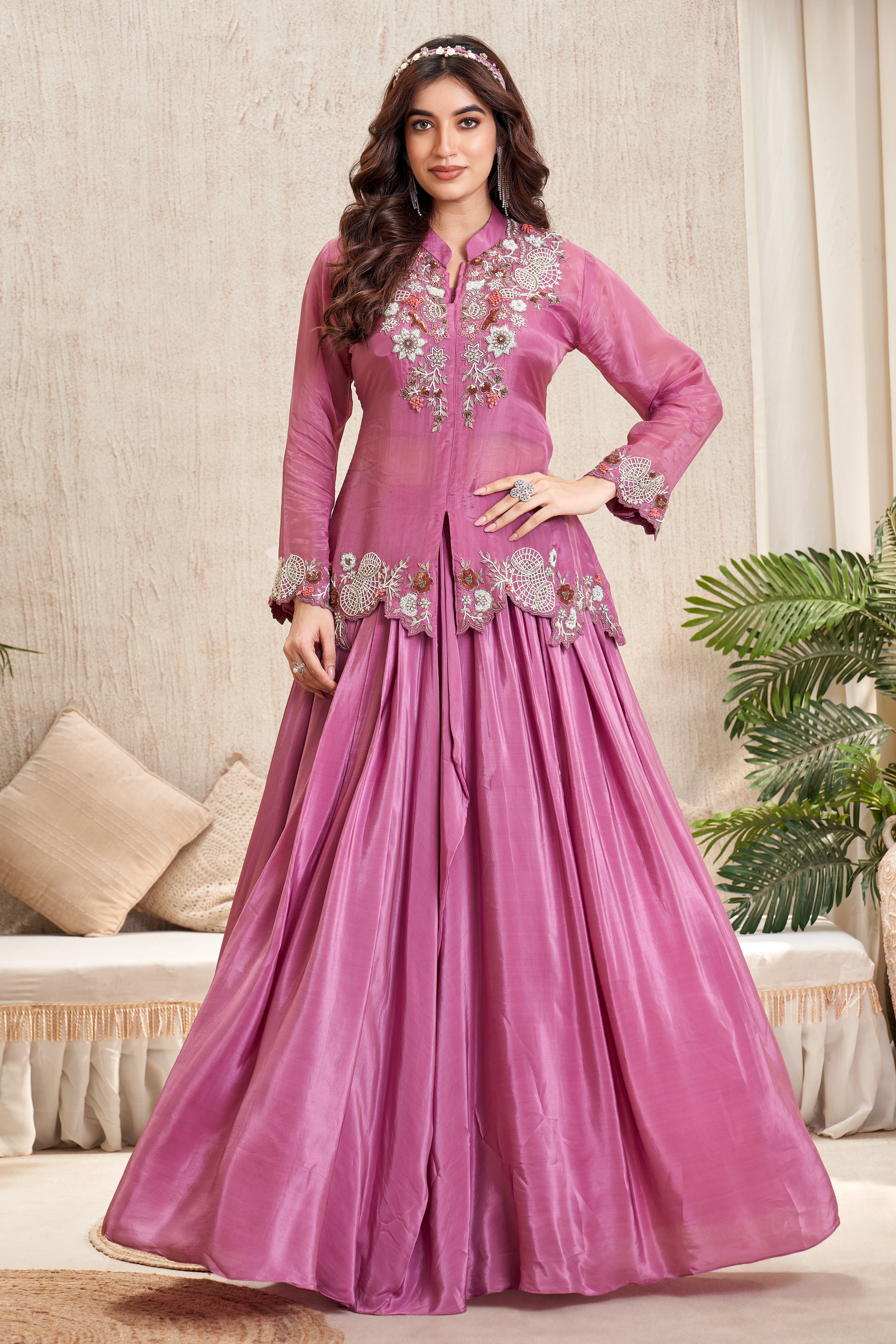 Mauve Pink Embellished Crepe Silk Skirt Set