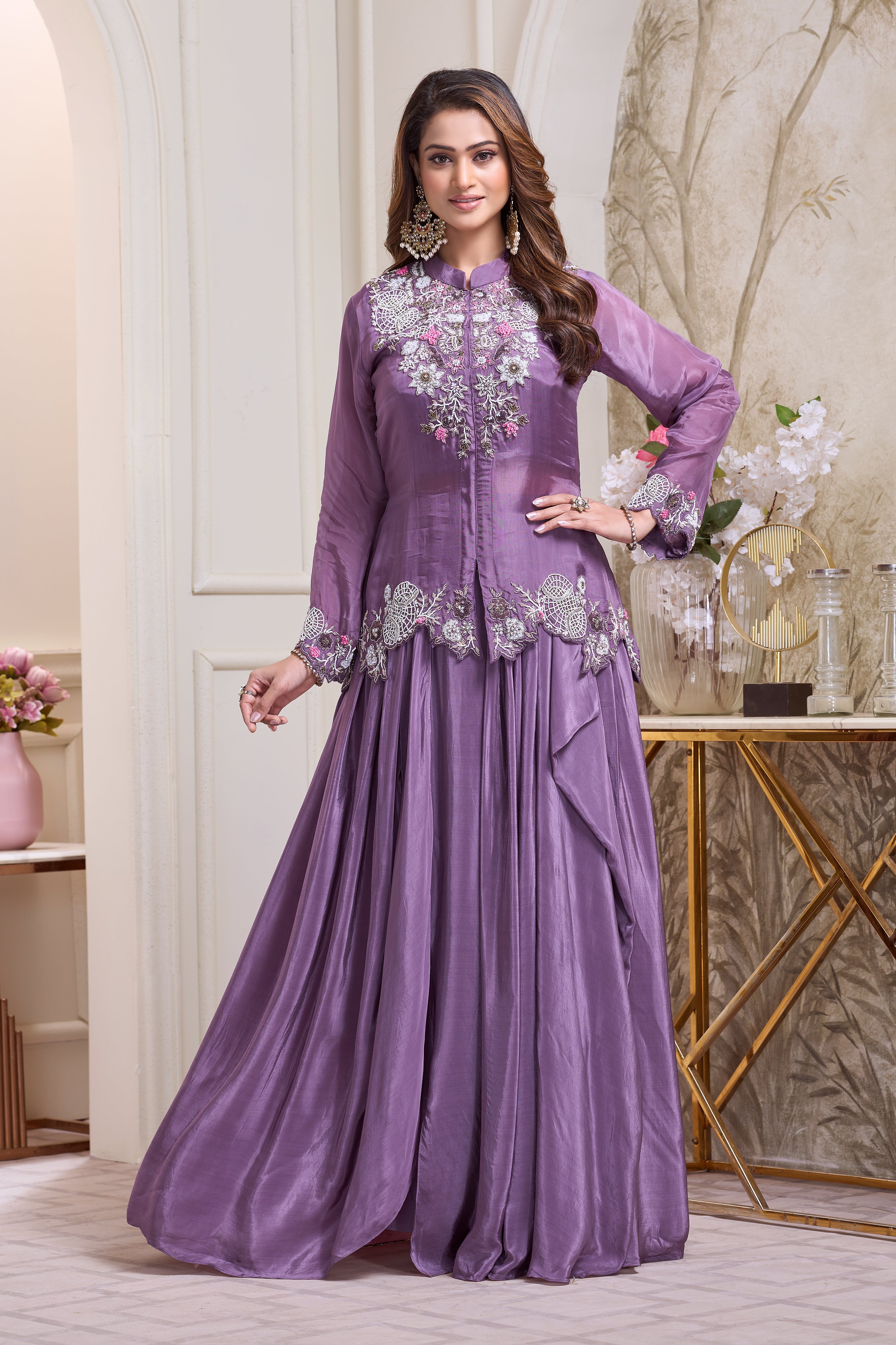 Royal Purple Embellished Crepe Silk Skirt Set