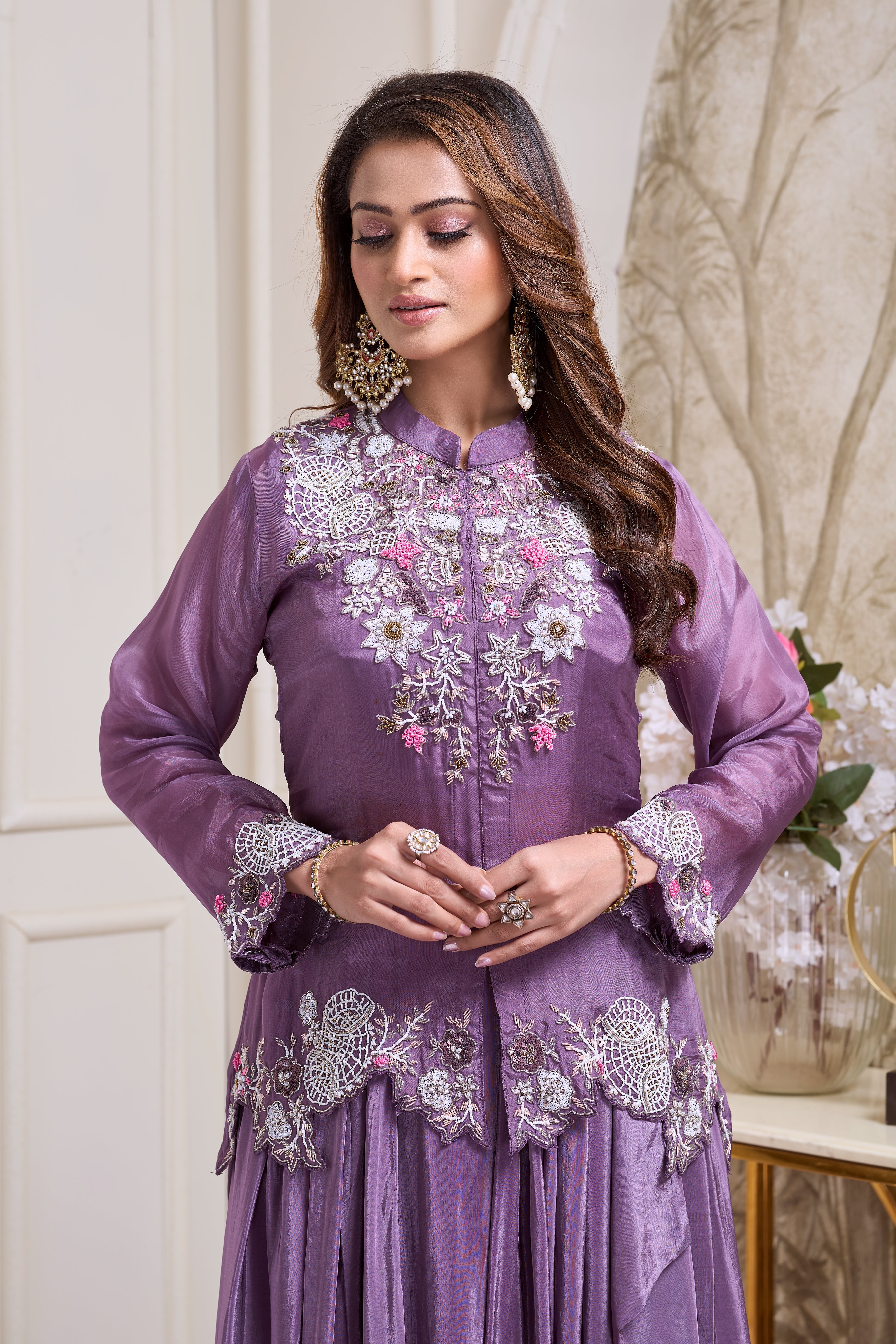 Royal Purple Embellished Crepe Silk Skirt Set