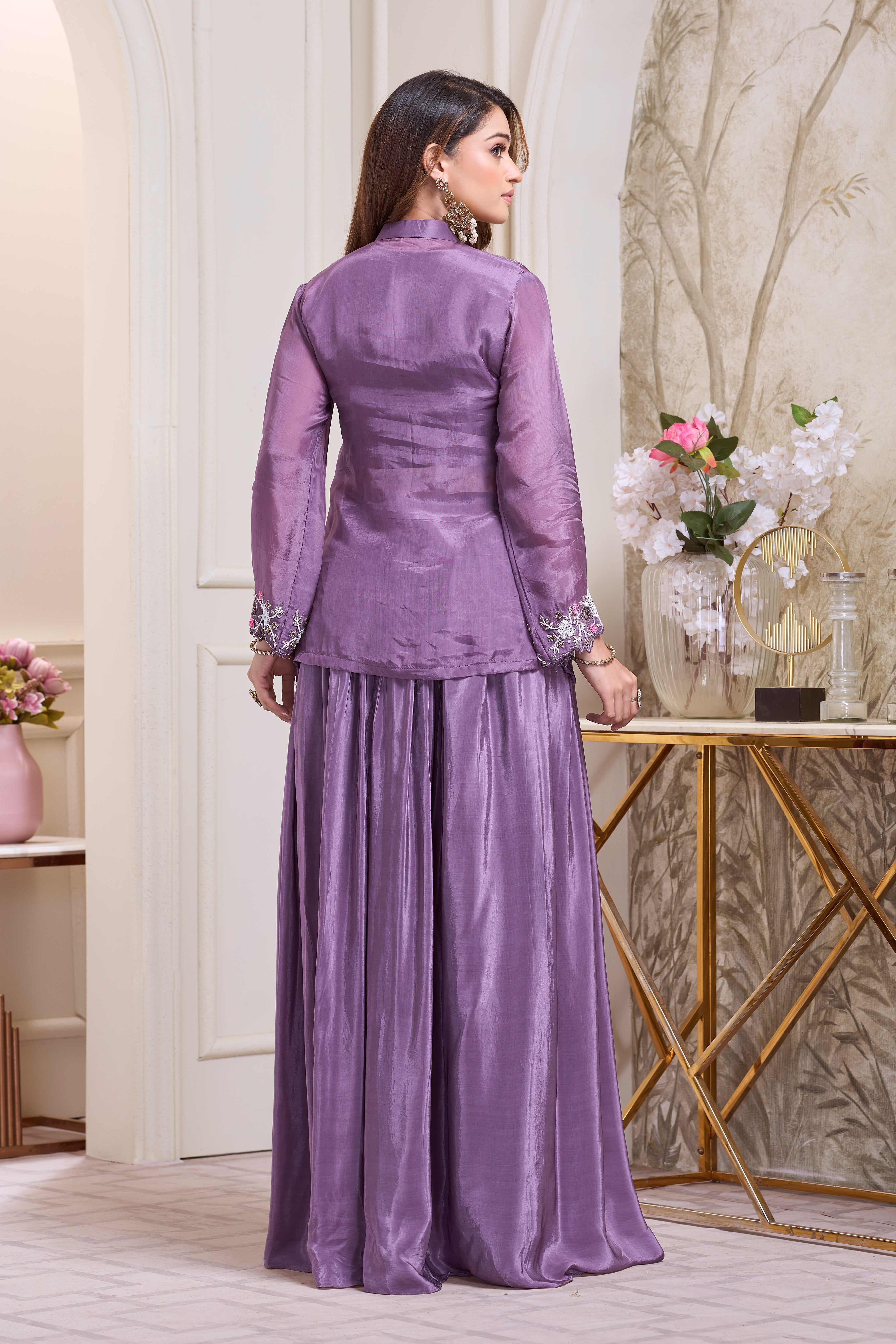 Royal Purple Embellished Crepe Silk Skirt Set