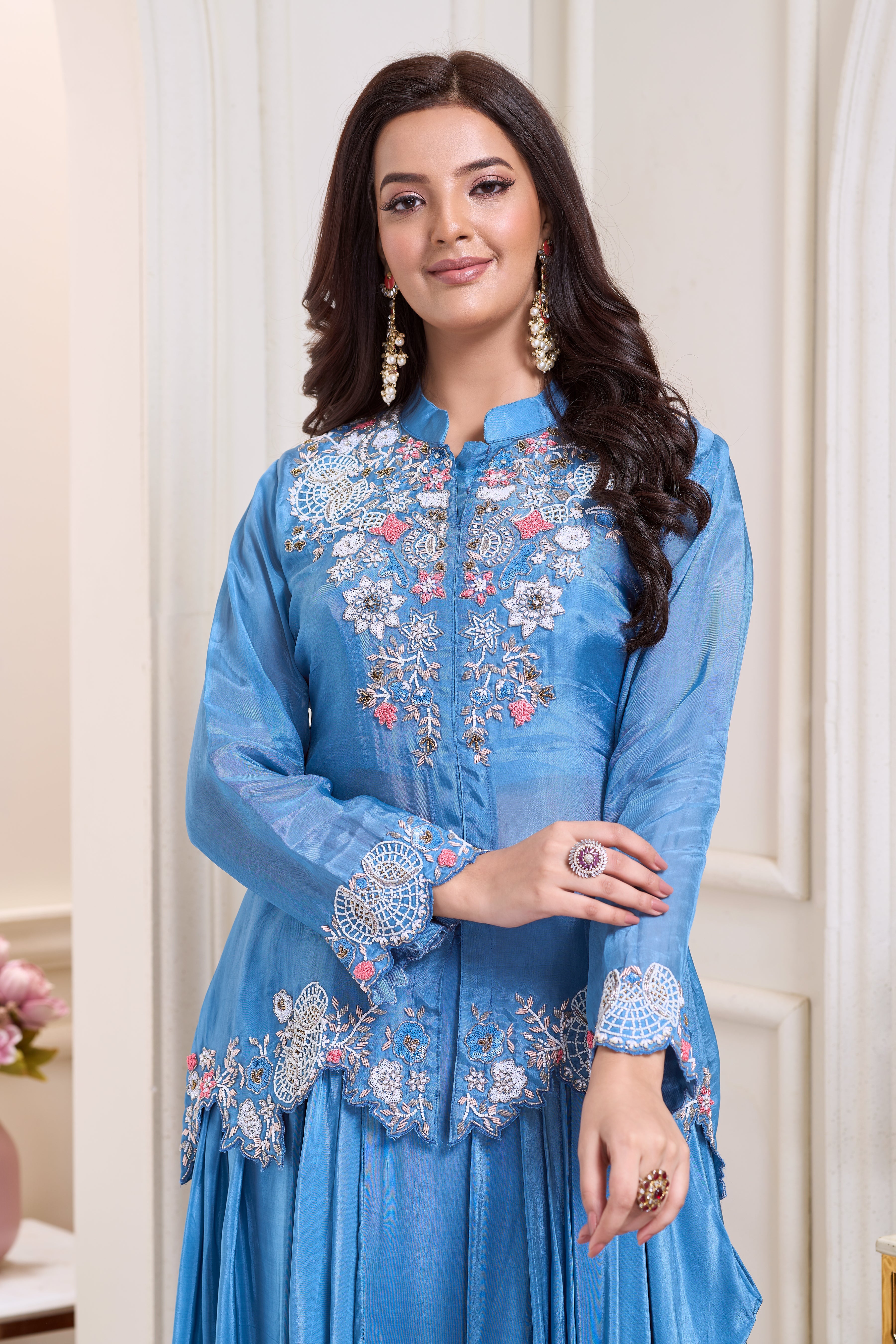 Aqua Blue Embellished Crepe Silk Skirt Set