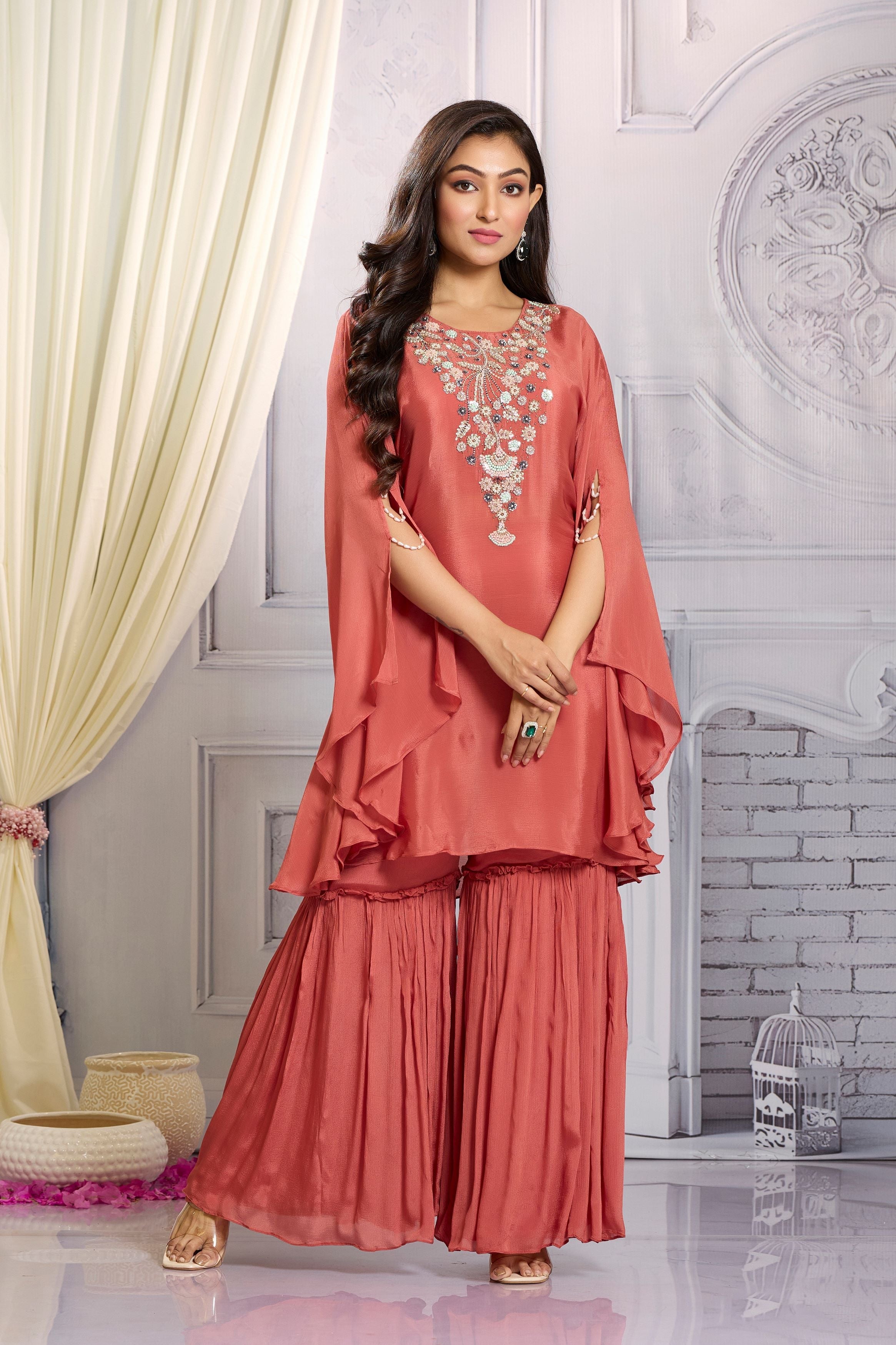 Peach Pink Embellished Chinon Silk Kaftan Set