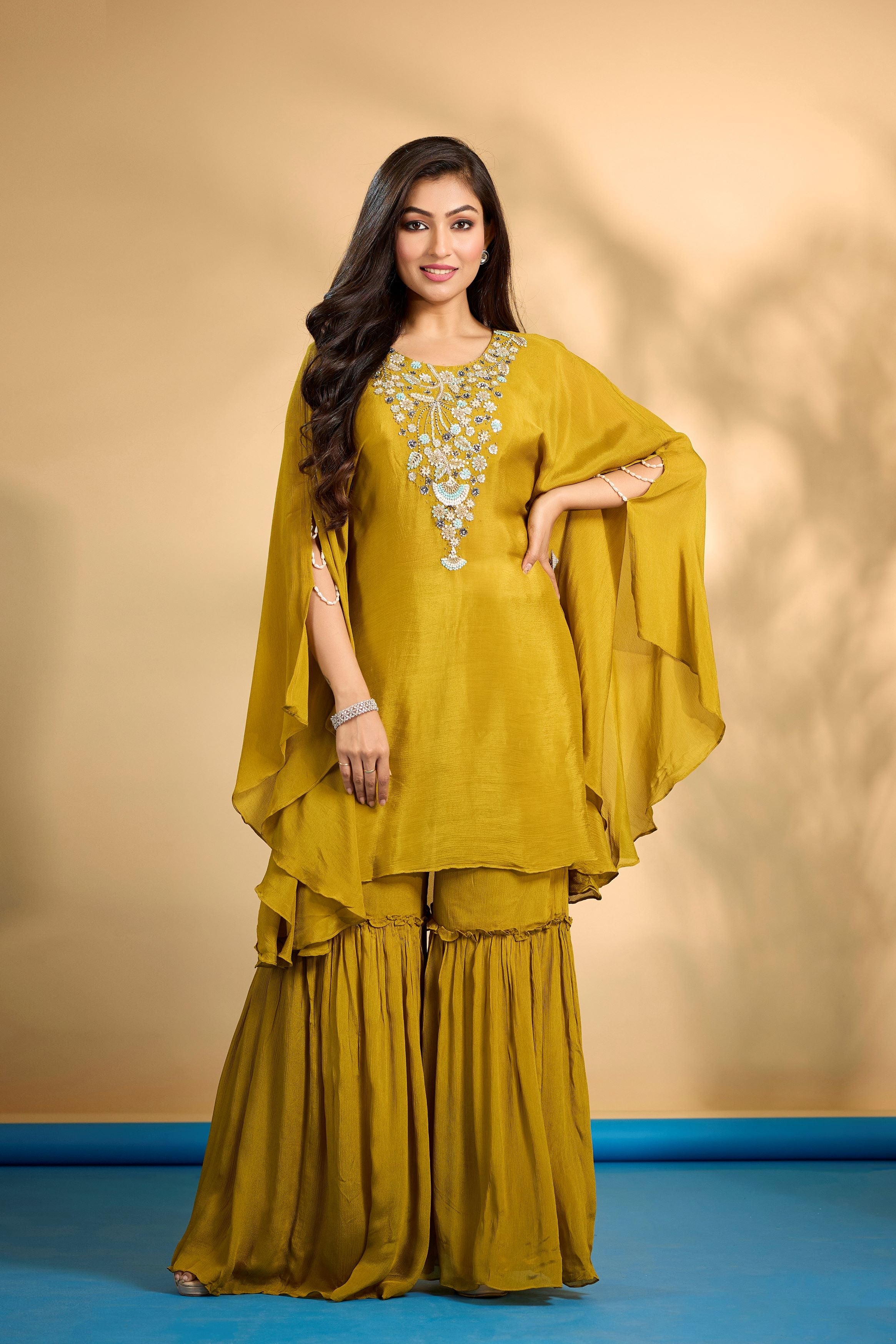 Bright Mustard Embellished Chinon Silk Kaftan Set