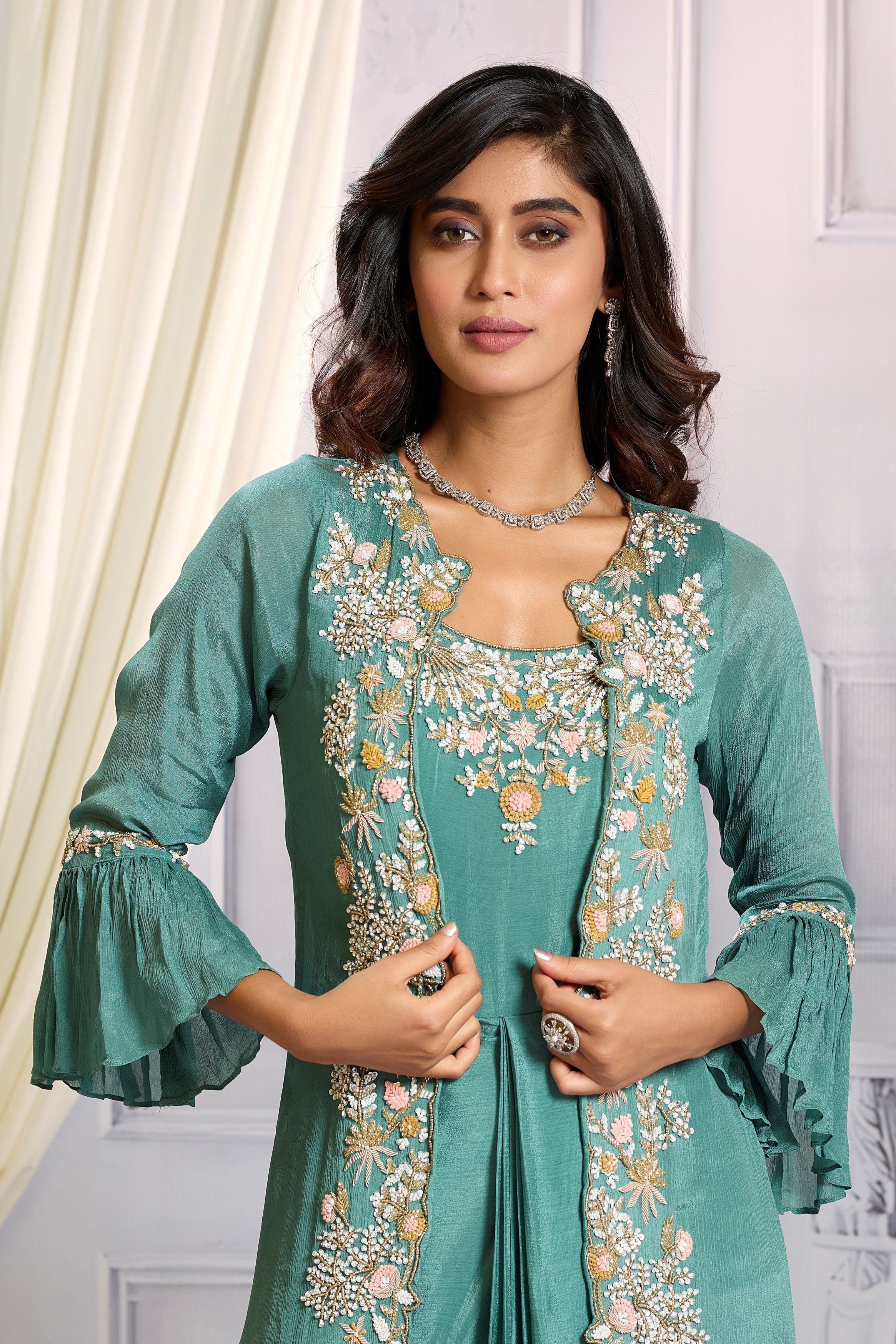 Teal Green Embellished Chinon Silk Cape Gown