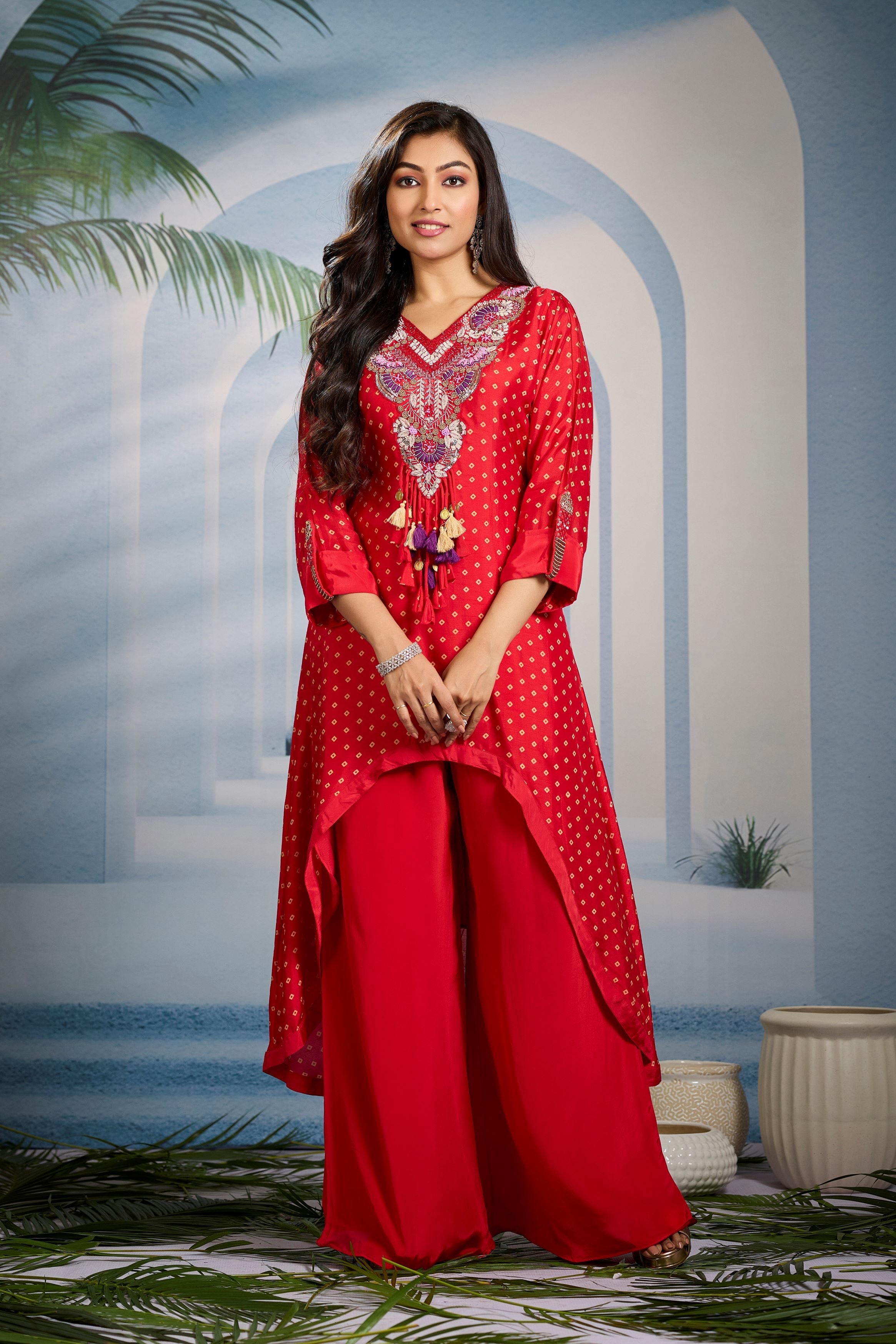 Bright Red Bandhani Printed Kurta Set