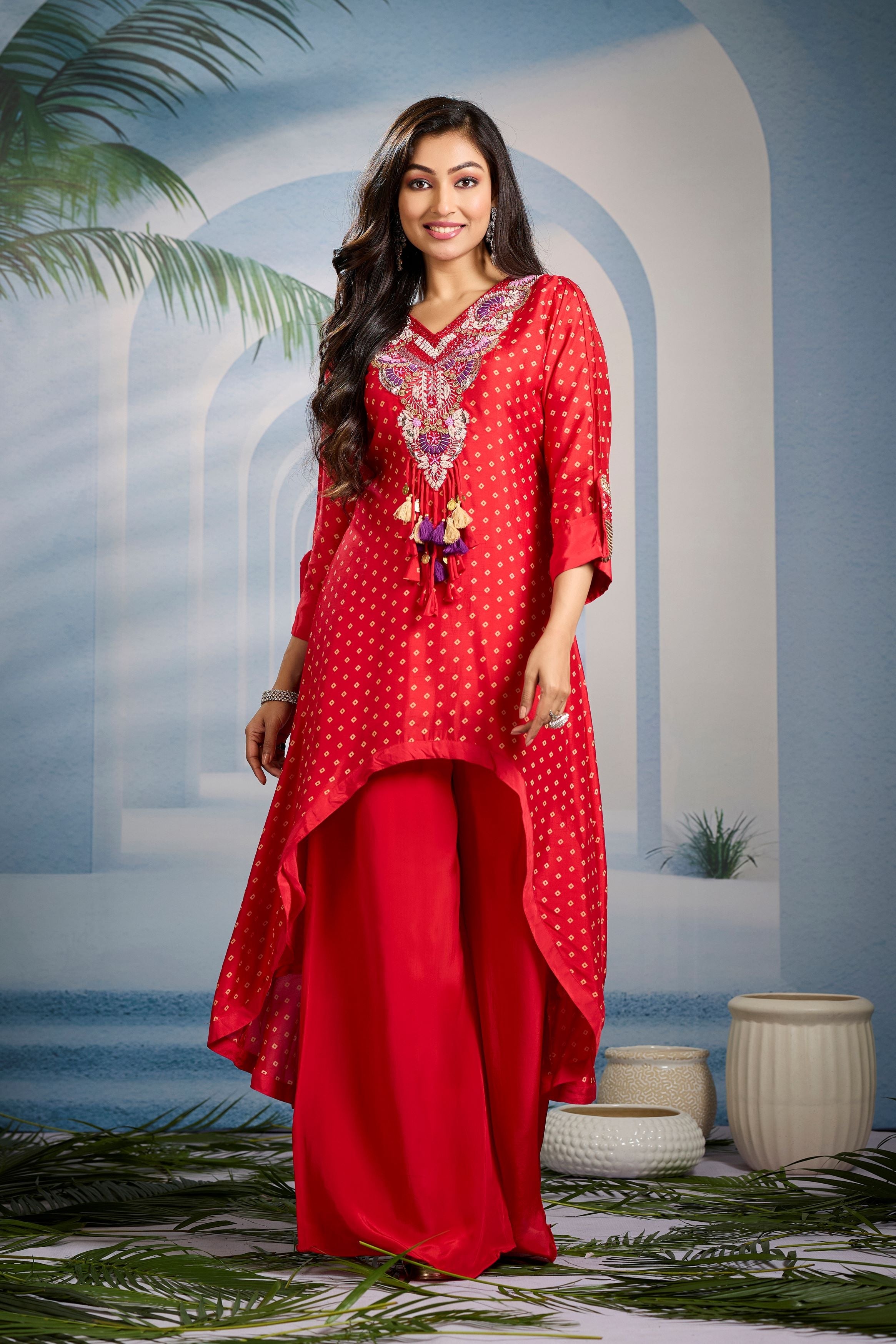 Bright Red Bandhani Printed Kurta Set