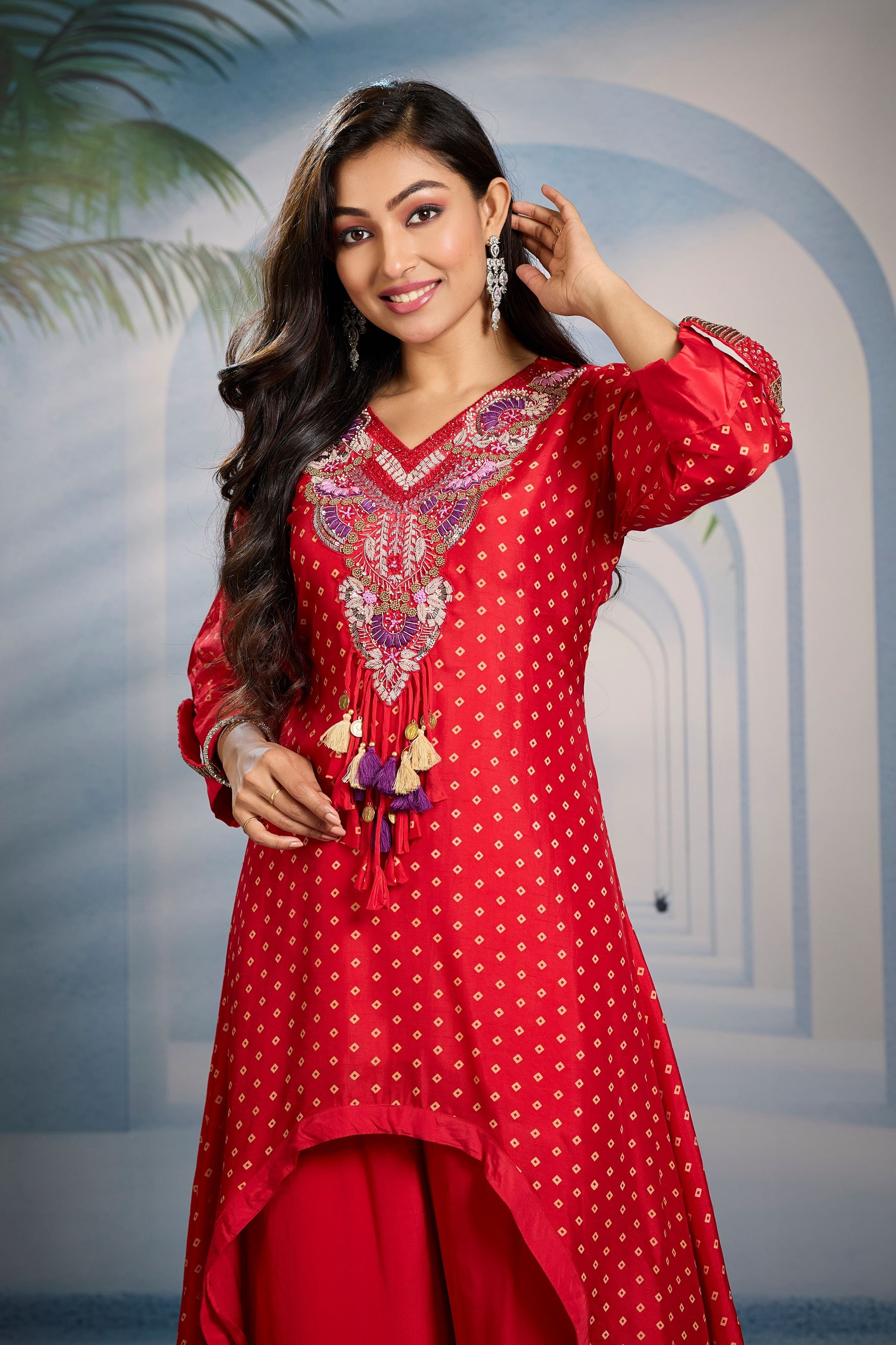 Bright Red Bandhani Printed Kurta Set