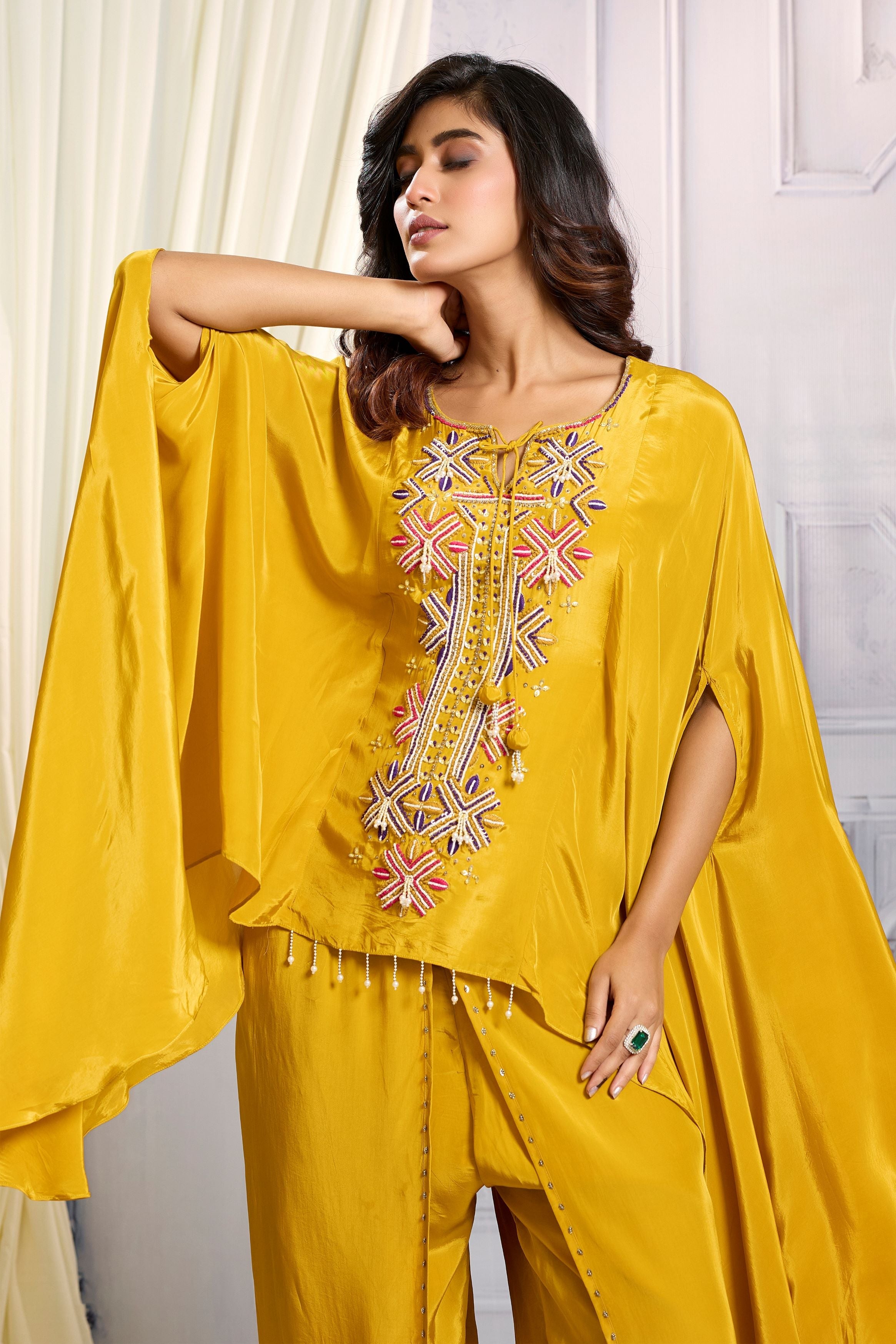 Mustard Embellished Chinon Silk Kaftan Set
