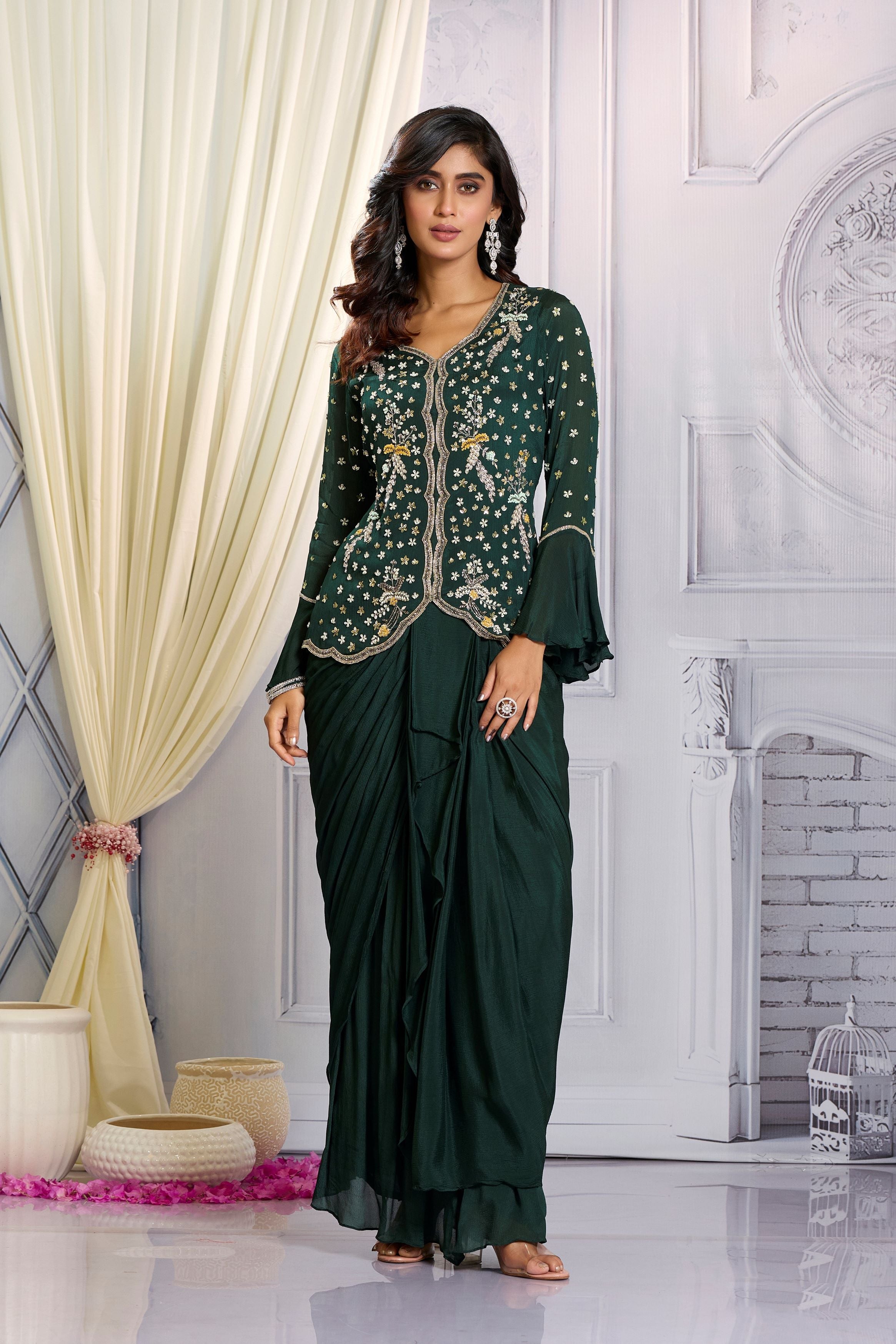 Bottle Green Embellished Chinon Silk Skirt Set