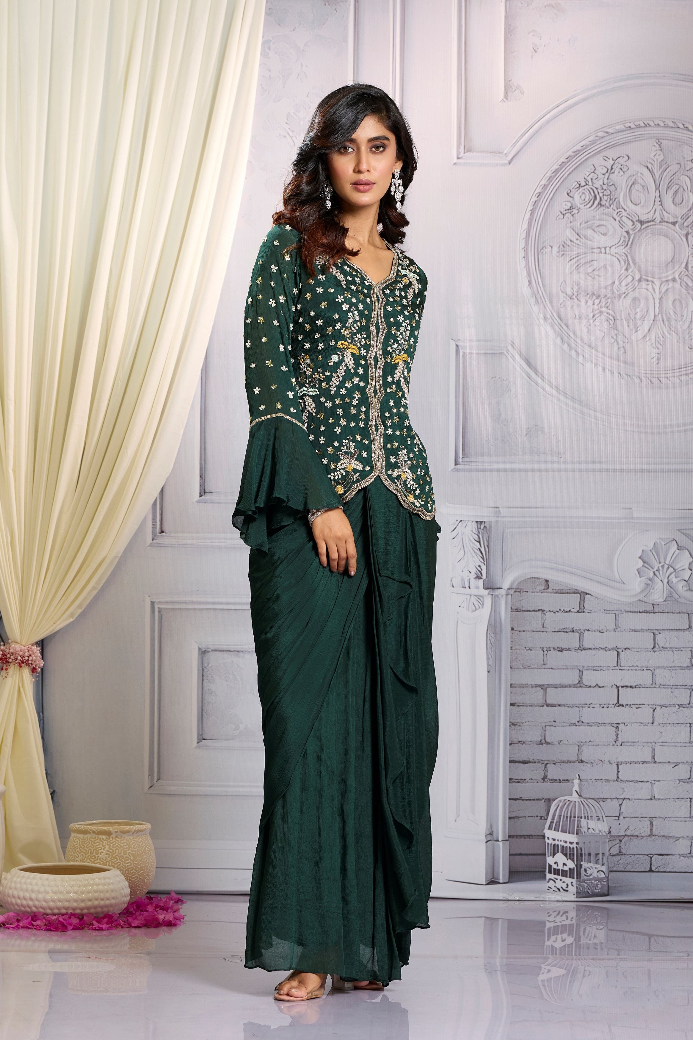Bottle Green Embellished Chinon Silk Skirt Set