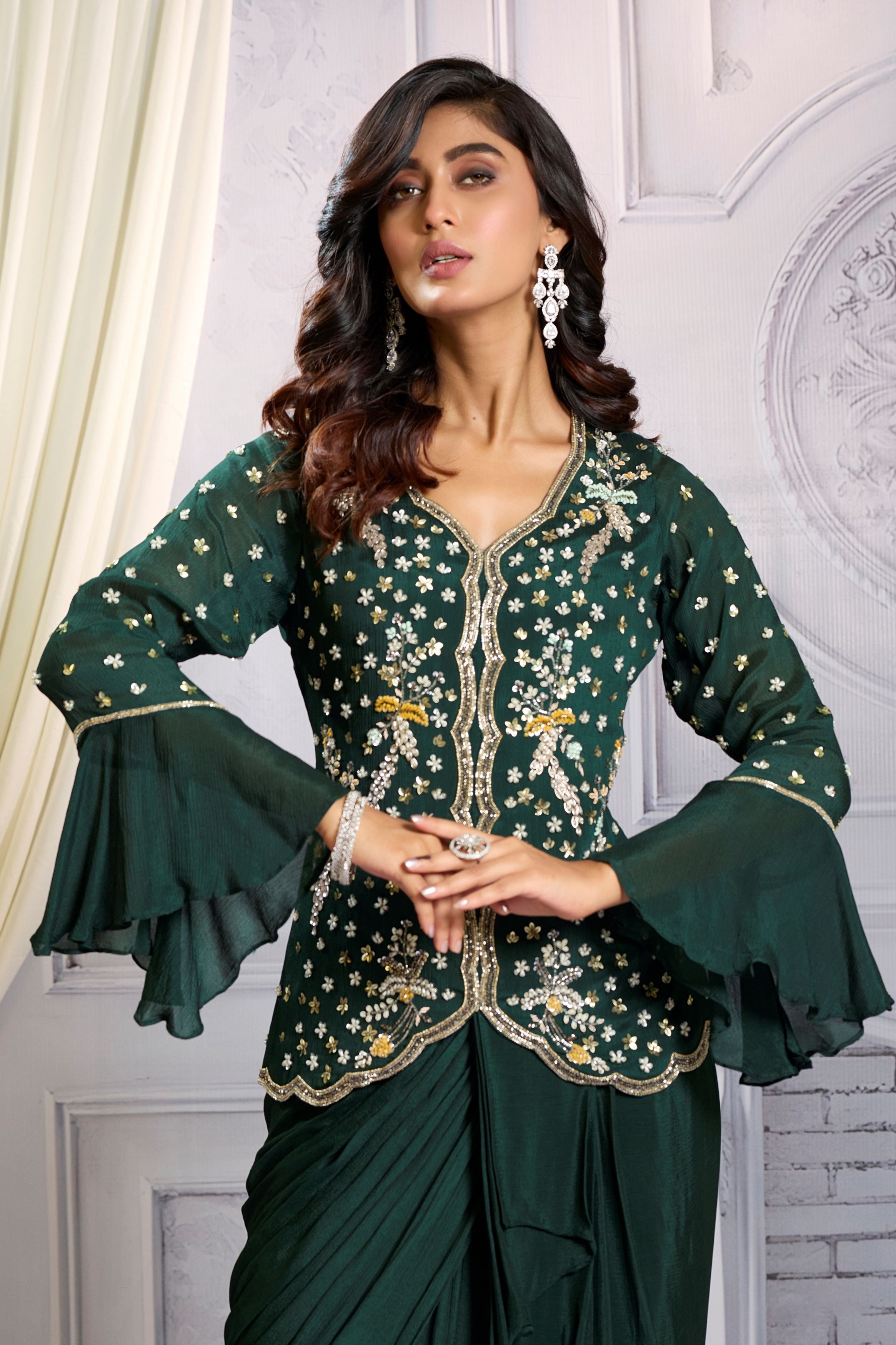 Bottle Green Embellished Chinon Silk Skirt Set