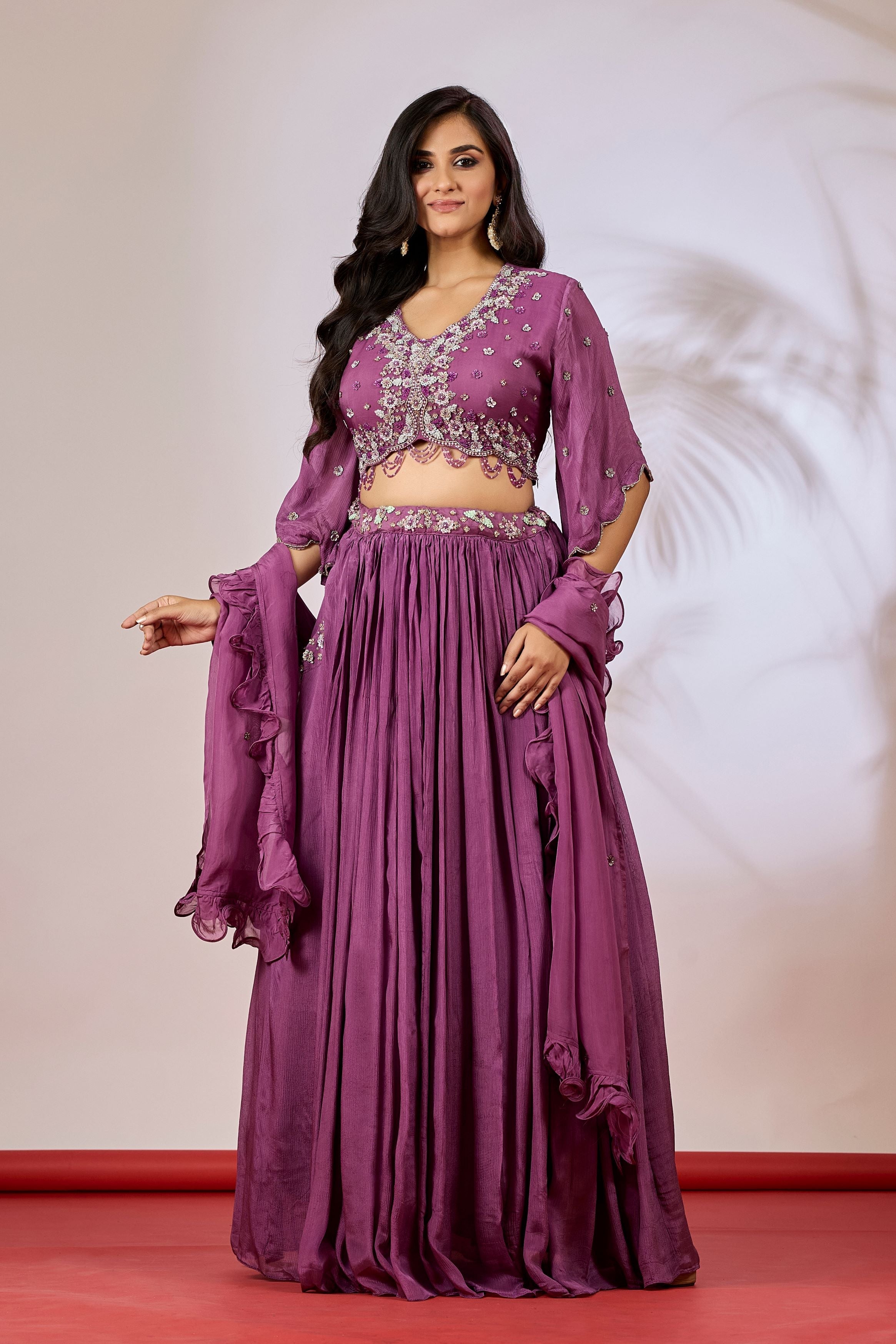Mauve Embellished Chinon Silk Lehenga Set