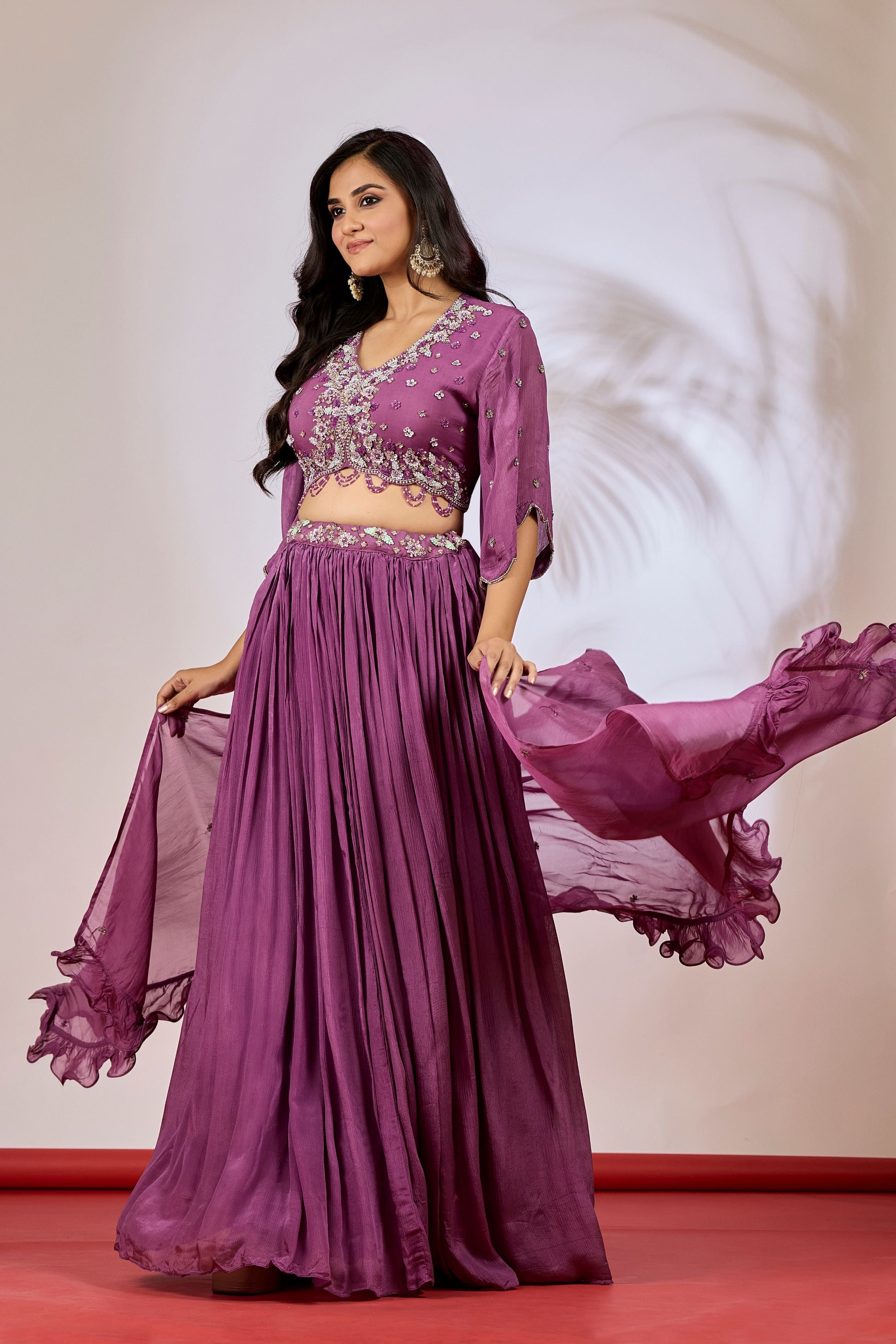 Mauve Embellished Chinon Silk Lehenga Set