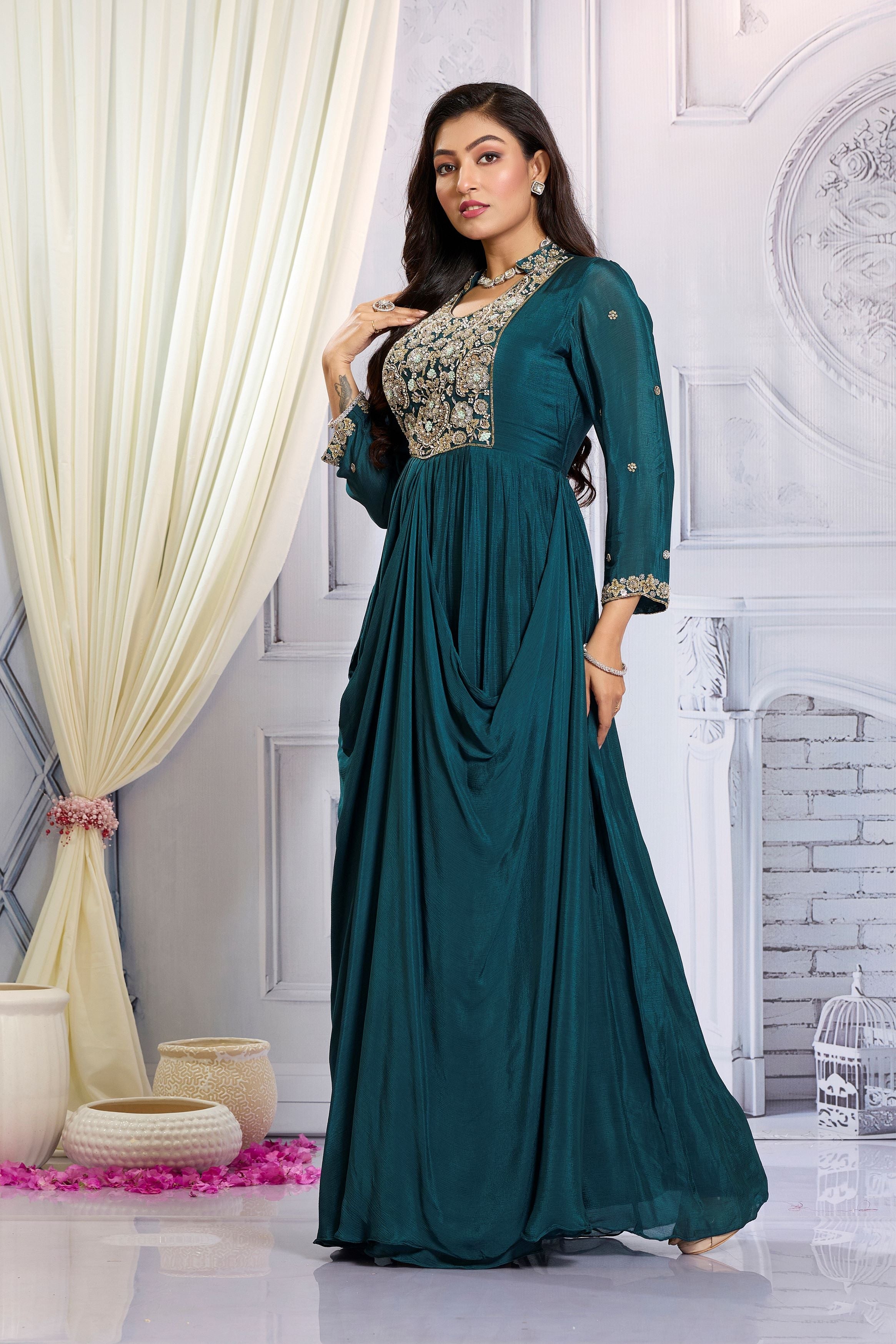 Deep Teal Embellished Chinon Silk Draped Gown