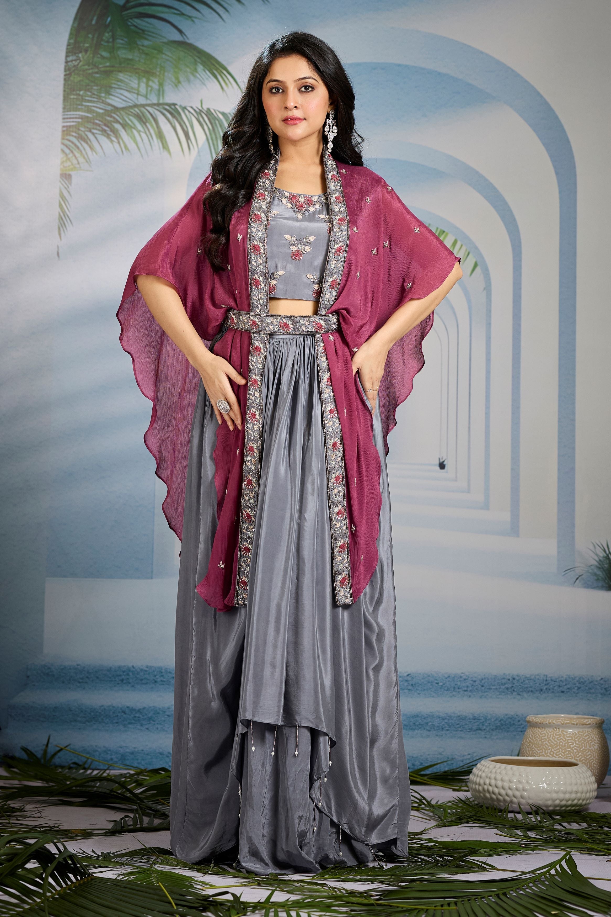 Metallic Silver Embellished Chinon Silk Cape Set