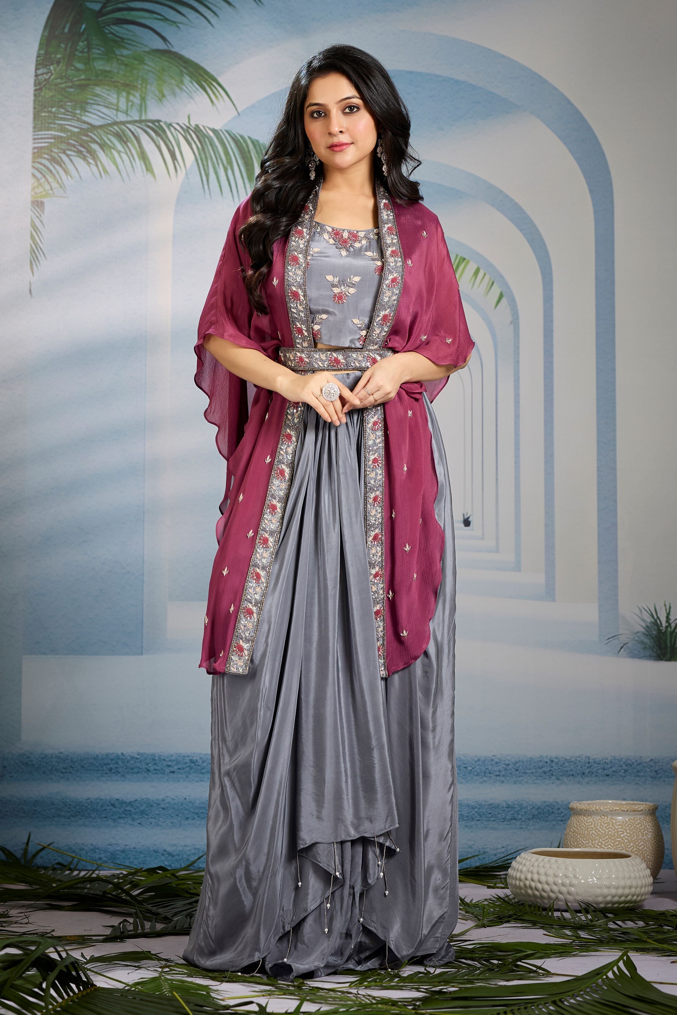 Metallic Silver Embellished Chinon Silk Cape Set