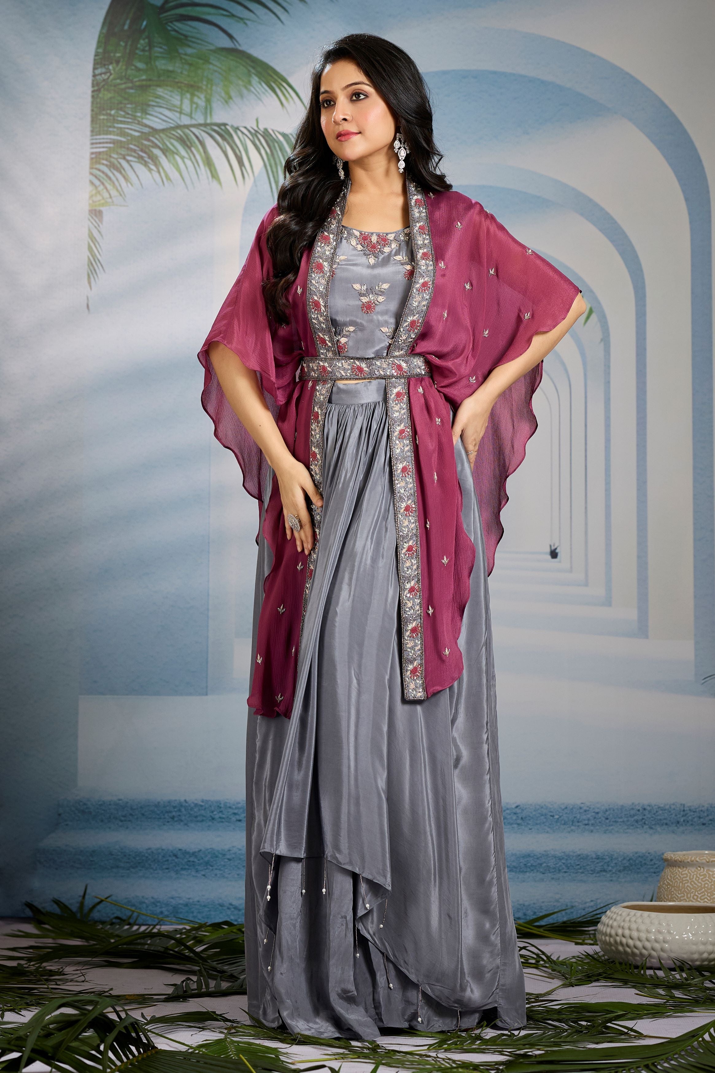 Metallic Silver Embellished Chinon Silk Cape Set