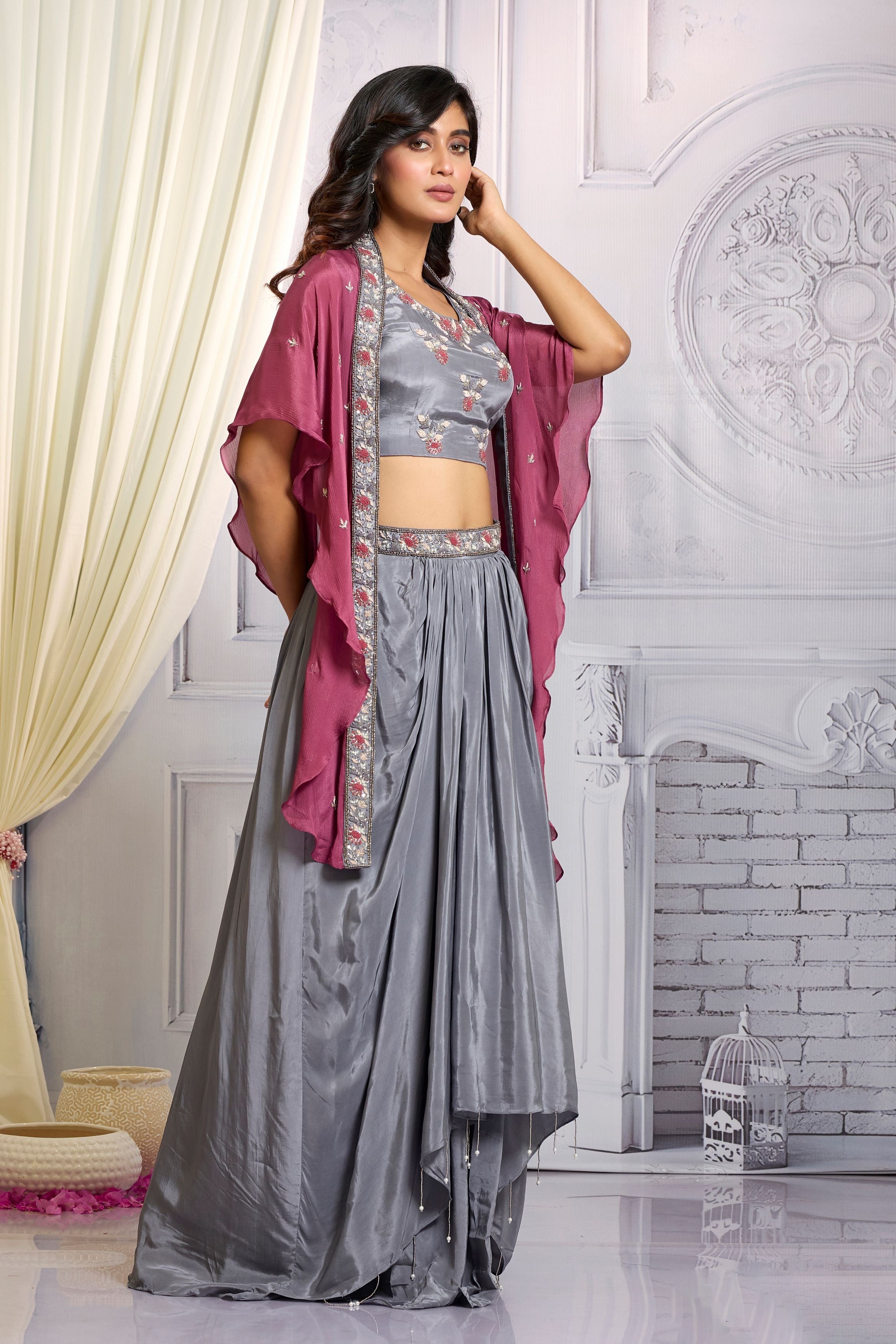 Metallic Silver Embellished Chinon Silk Cape Set