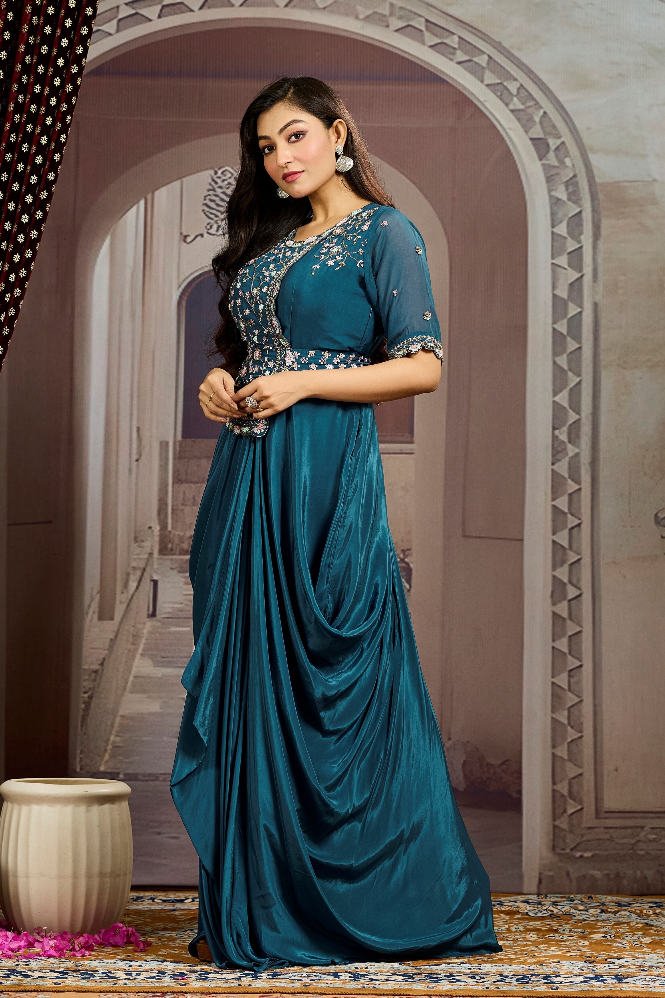 Dark Teal Embellished Chinon Silk Drape Gown