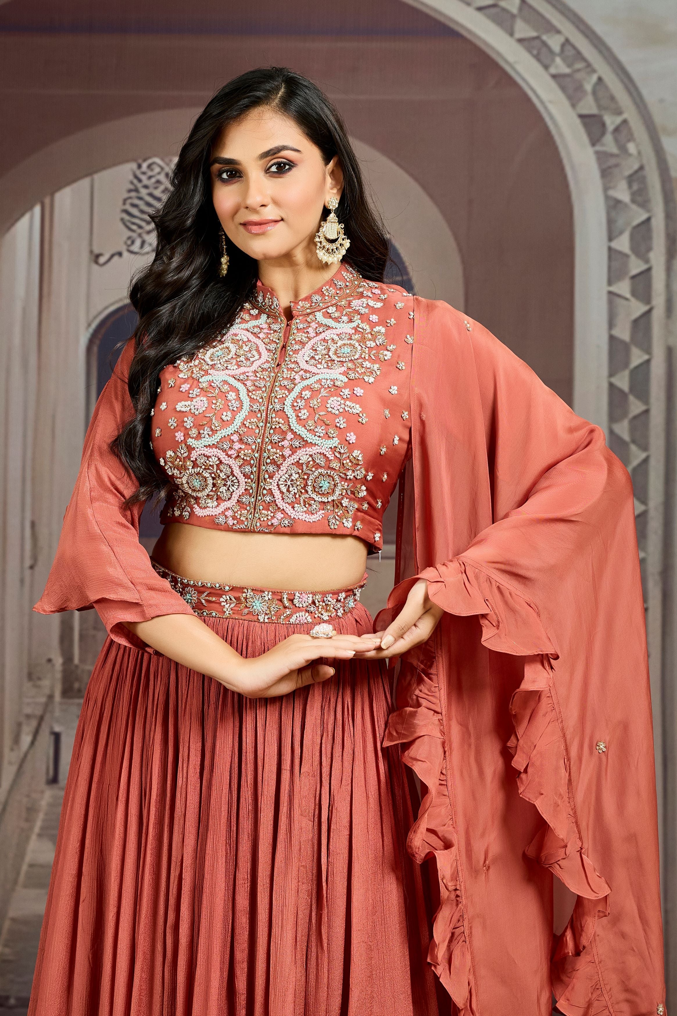 Bright Peach Embellished Chinon Silk Skirt Set
