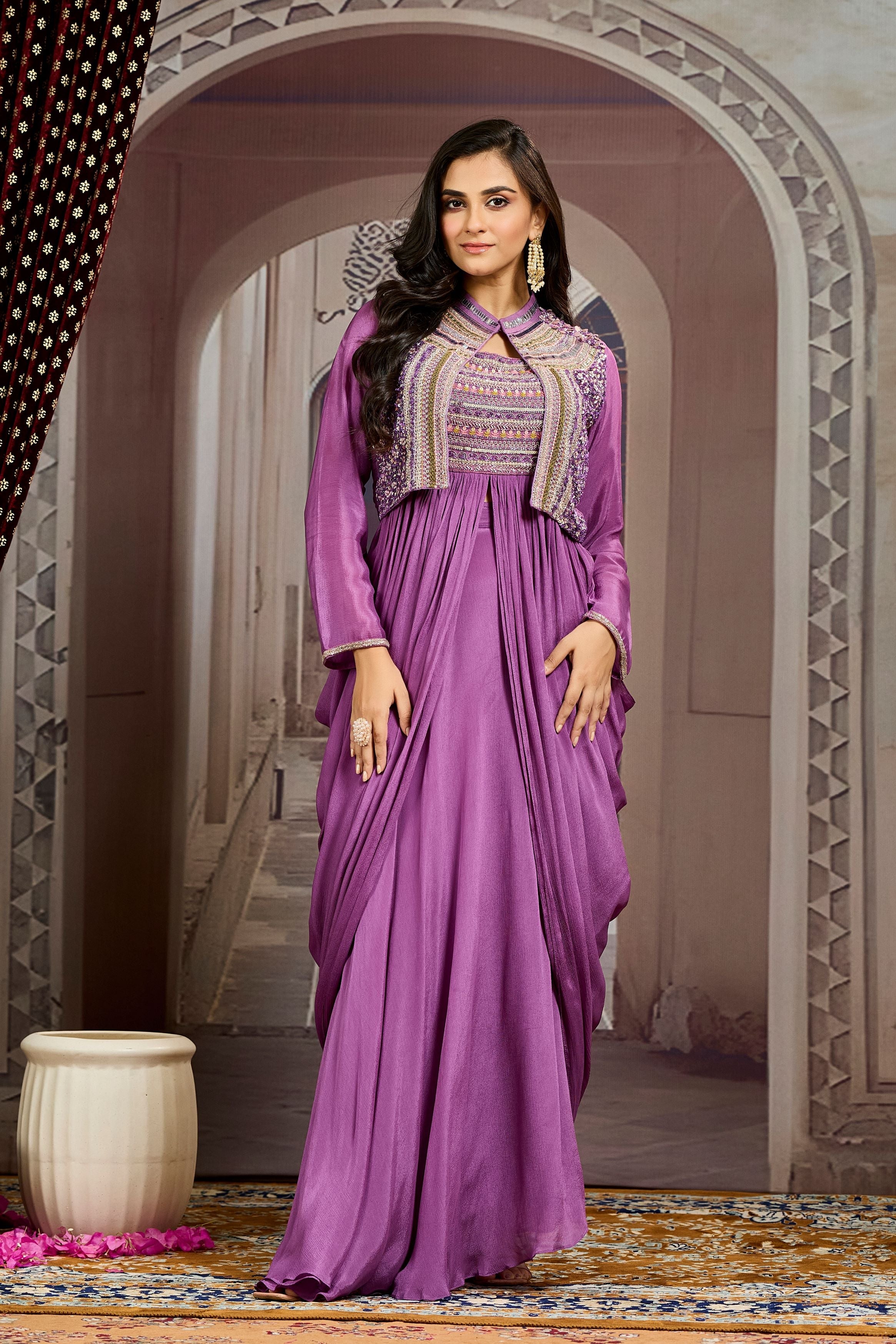 Purple Embellished Chinon Silk Jacket Skirt Set