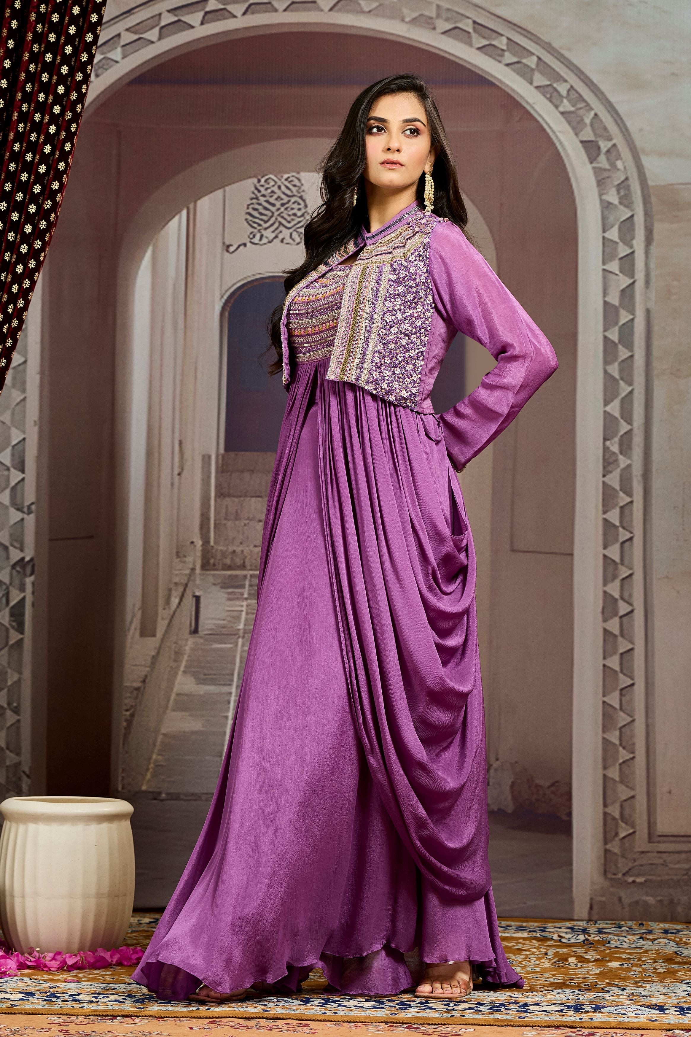 Purple Embellished Chinon Silk Jacket Skirt Set