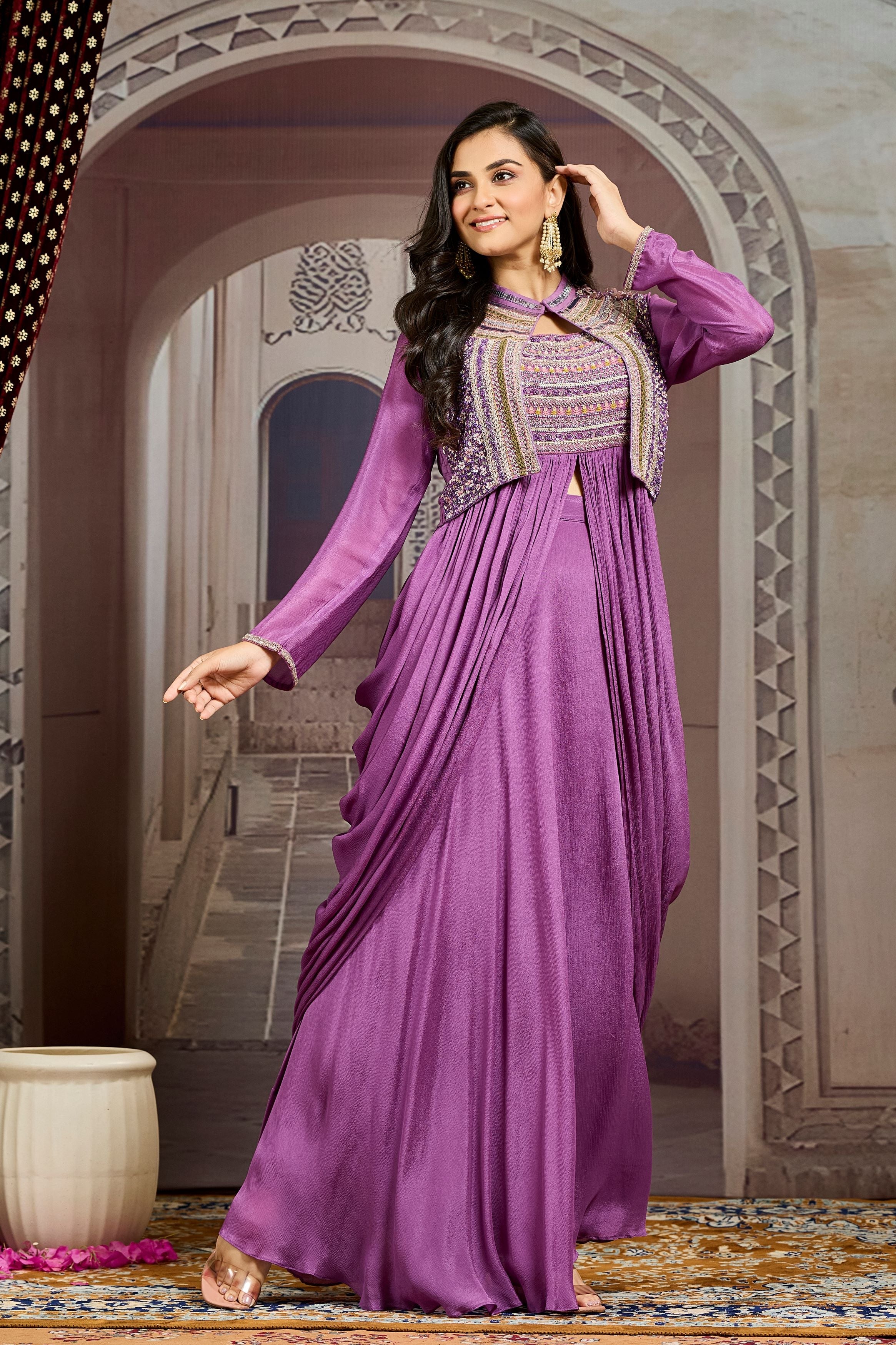 Purple Embellished Chinon Silk Jacket Skirt Set