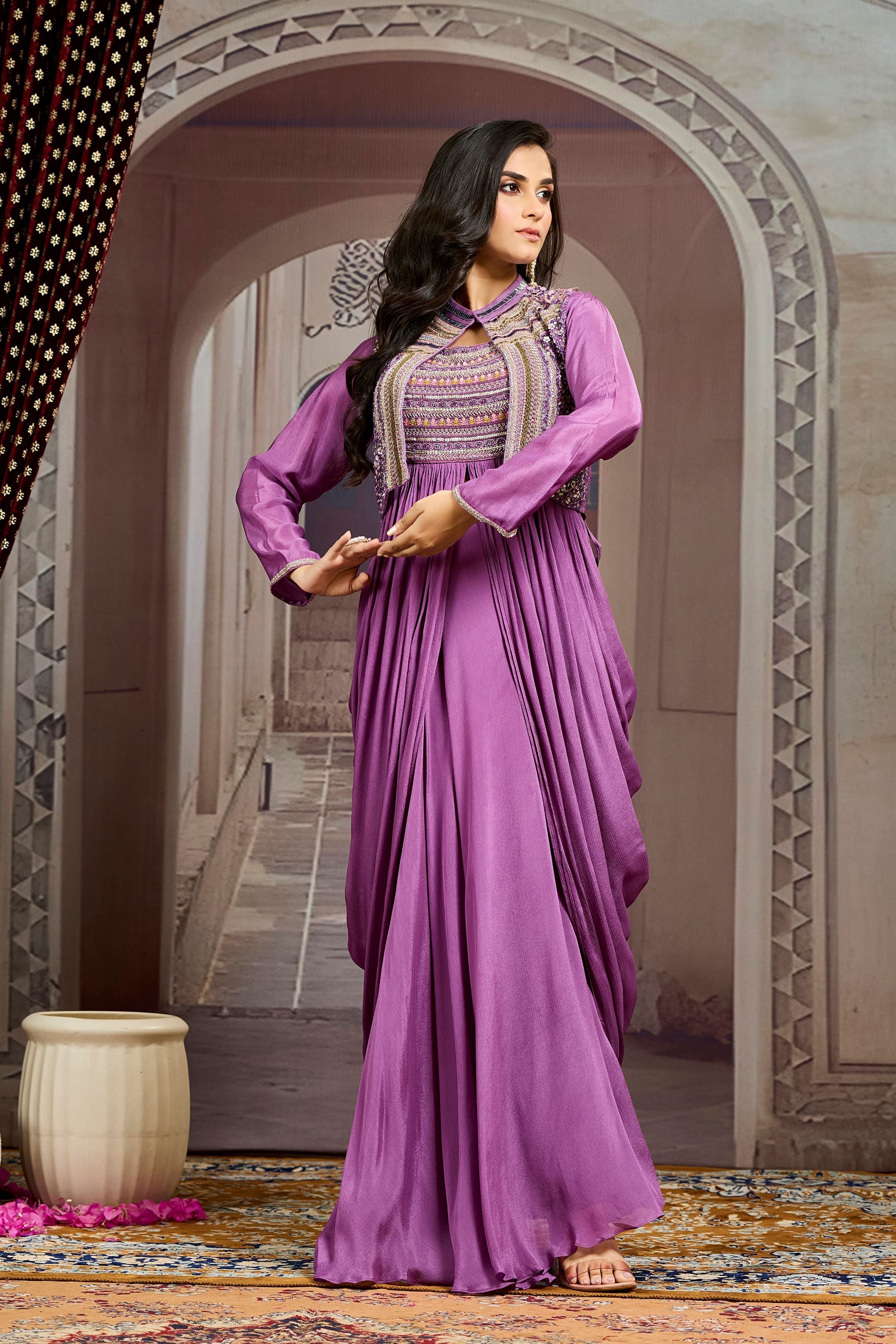 Purple Embellished Chinon Silk Jacket Skirt Set