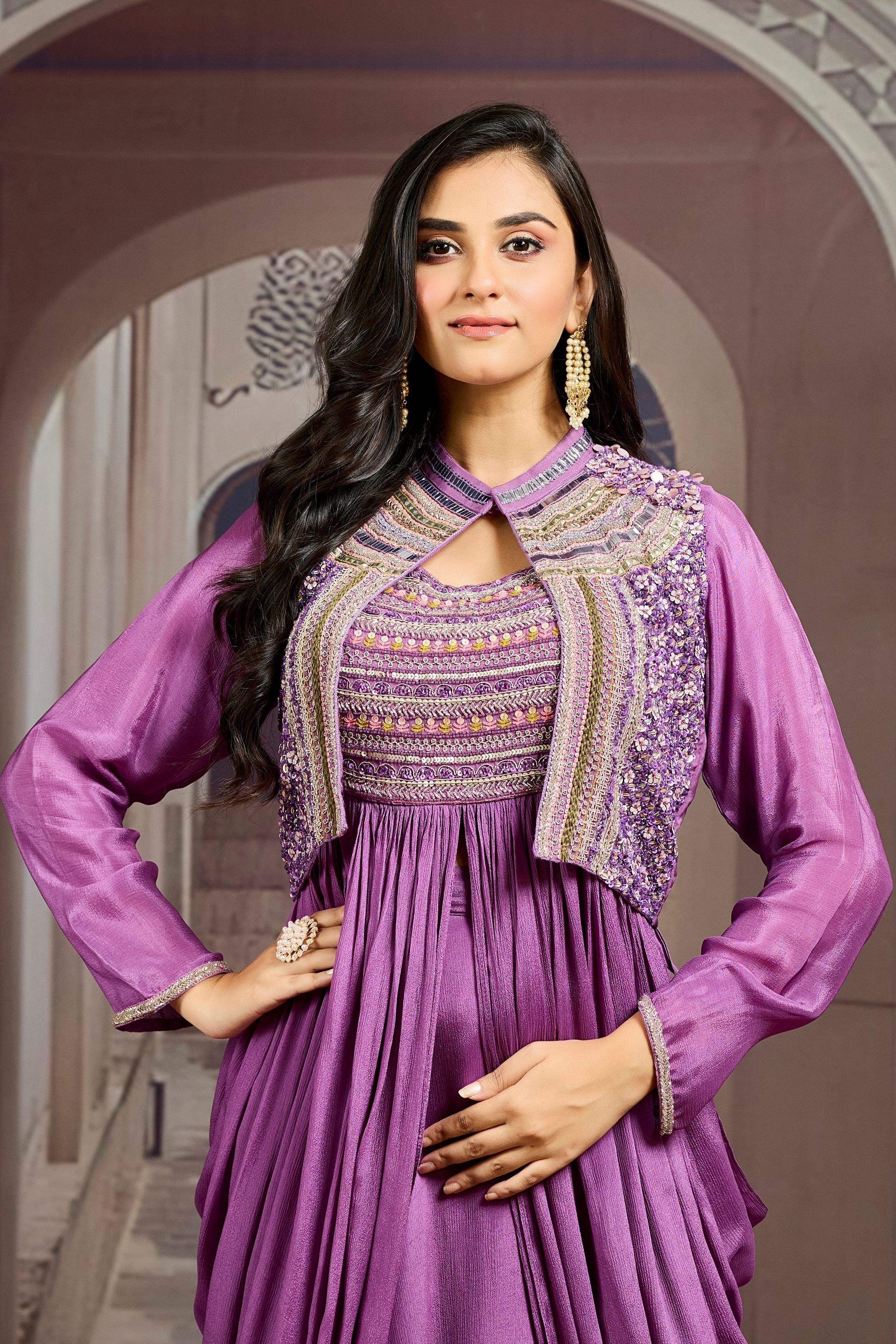 Purple Embellished Chinon Silk Jacket Skirt Set