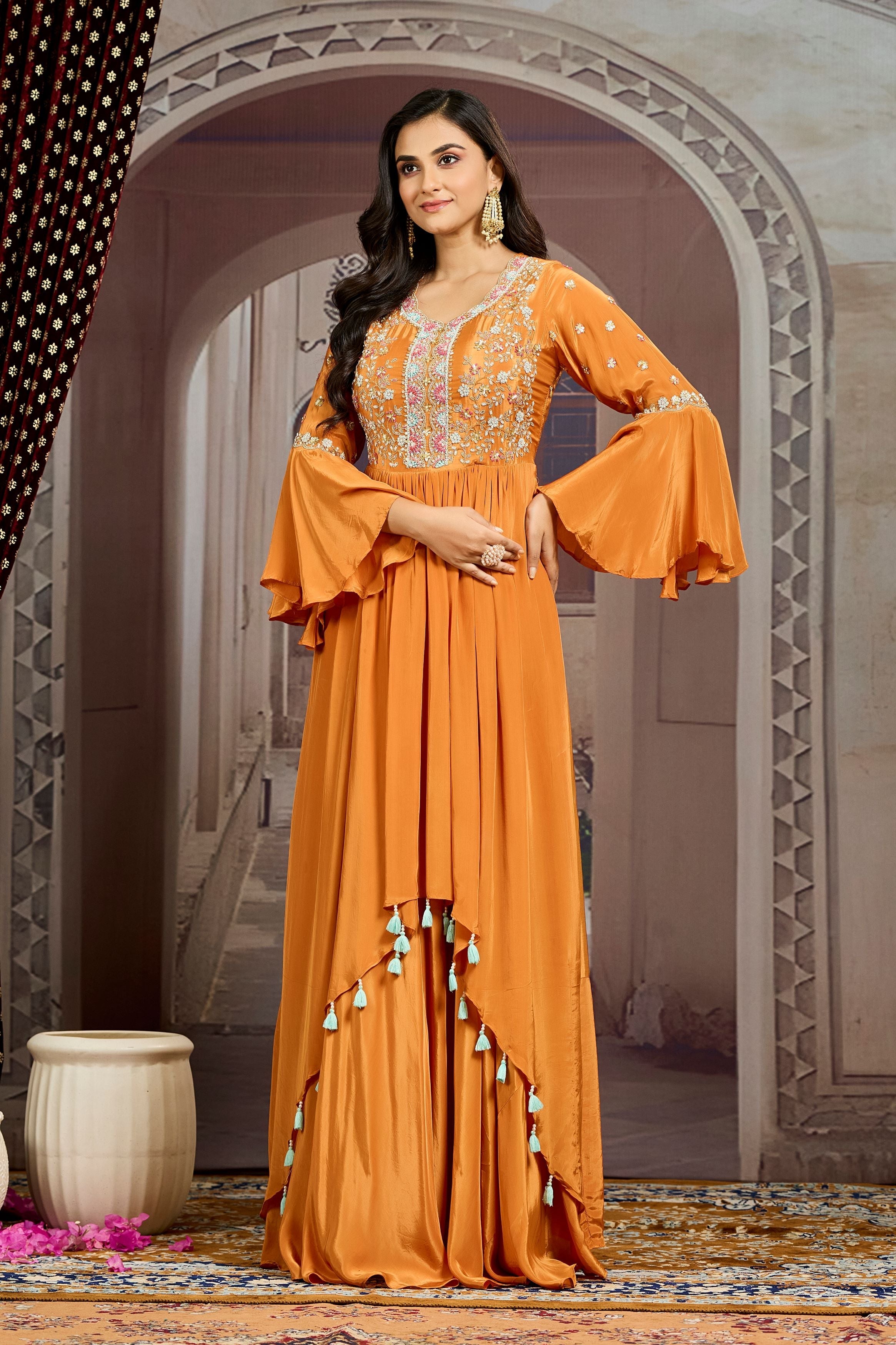 Orange Embellished Chinon Silk Gown