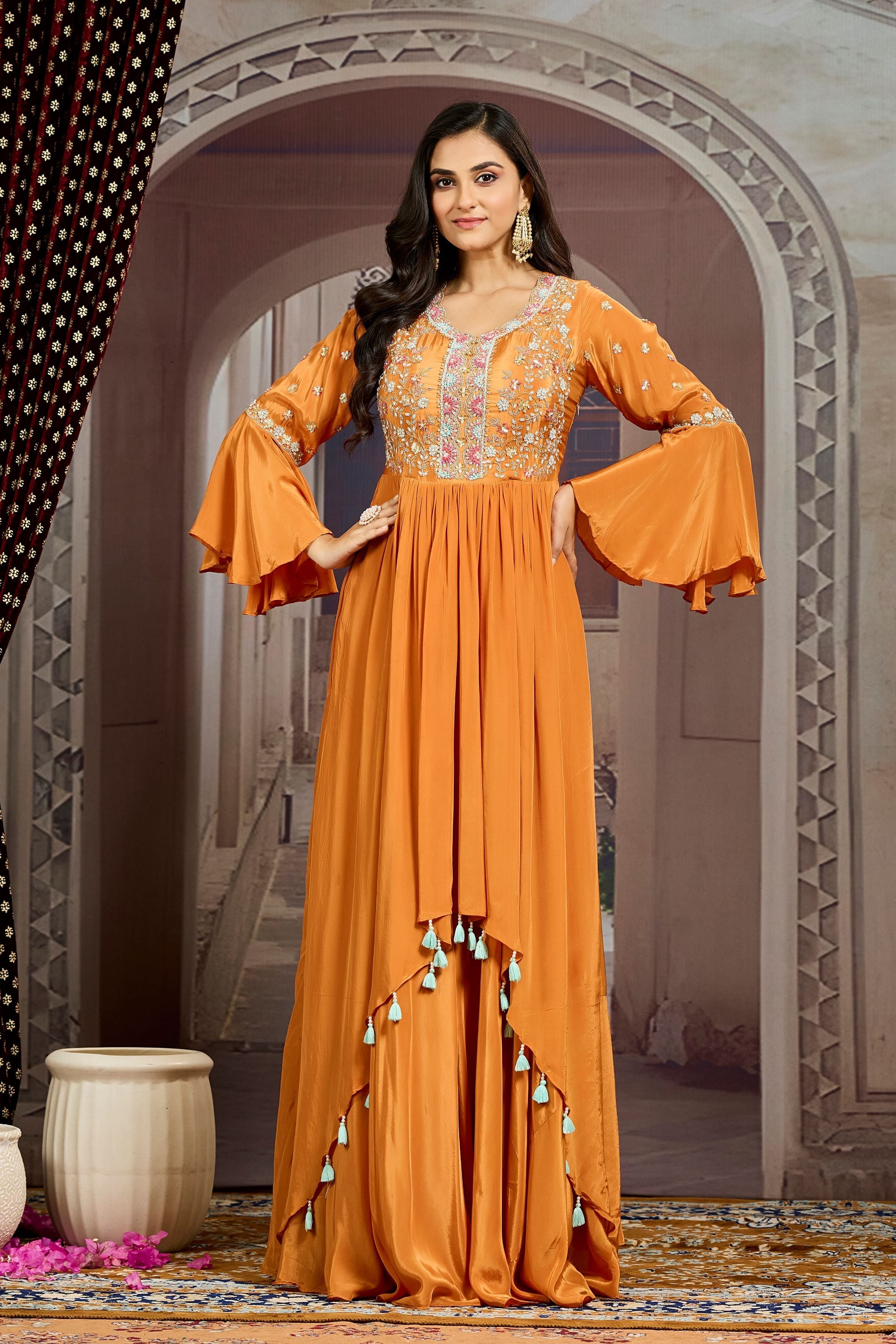 Orange Embellished Chinon Silk Gown